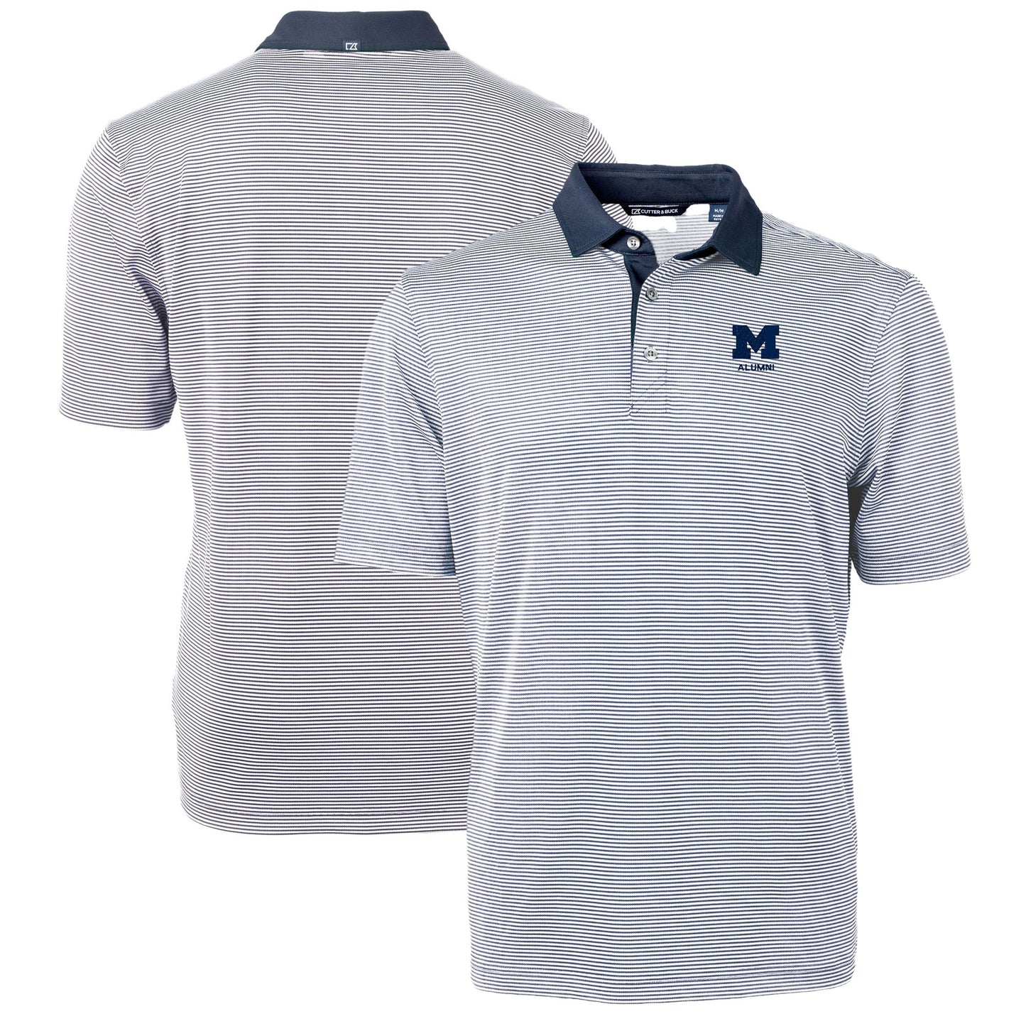 Men's Cutter & Buck Navy Michigan Wolverines Alumni Logo Virtue Eco Pique Micro Stripe Recycled Polo