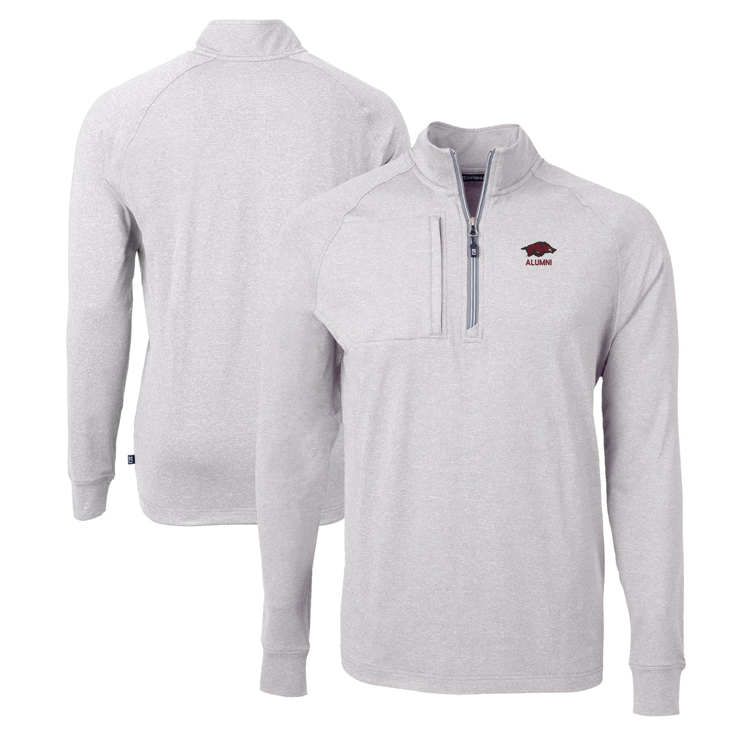 Men's Cutter & Buck Heather Gray Arkansas Razorbacks Alumni Logo Adapt Eco Knit Heathered Recycled Quarter-Zip Pullover Top