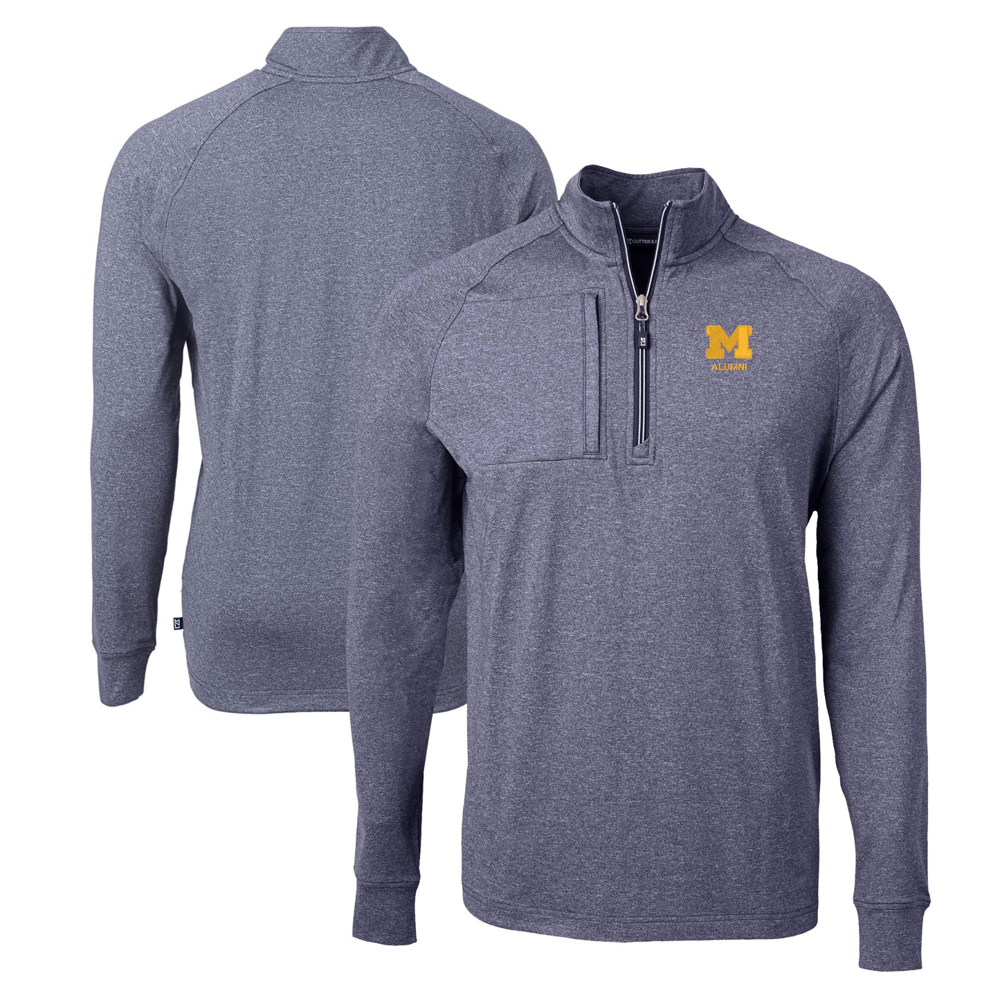 Men's Cutter & Buck Heather Navy Michigan Wolverines Alumni Logo Adapt Eco Knit Heathered Recycled Quarter-Zip Pullover Top