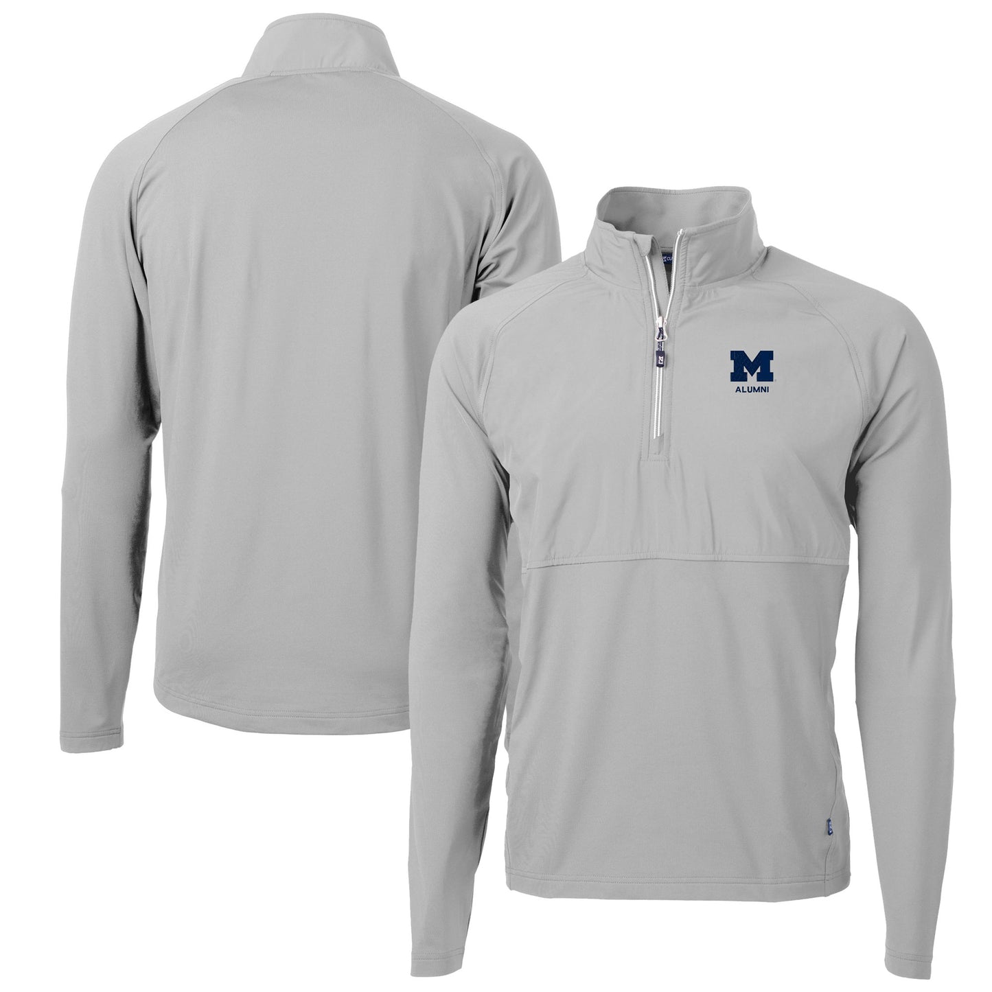 Men's Cutter & Buck Gray Michigan Wolverines Alumni Logo Adapt Eco Knit Hybrid Recycled Quarter-Zip Pullover Top