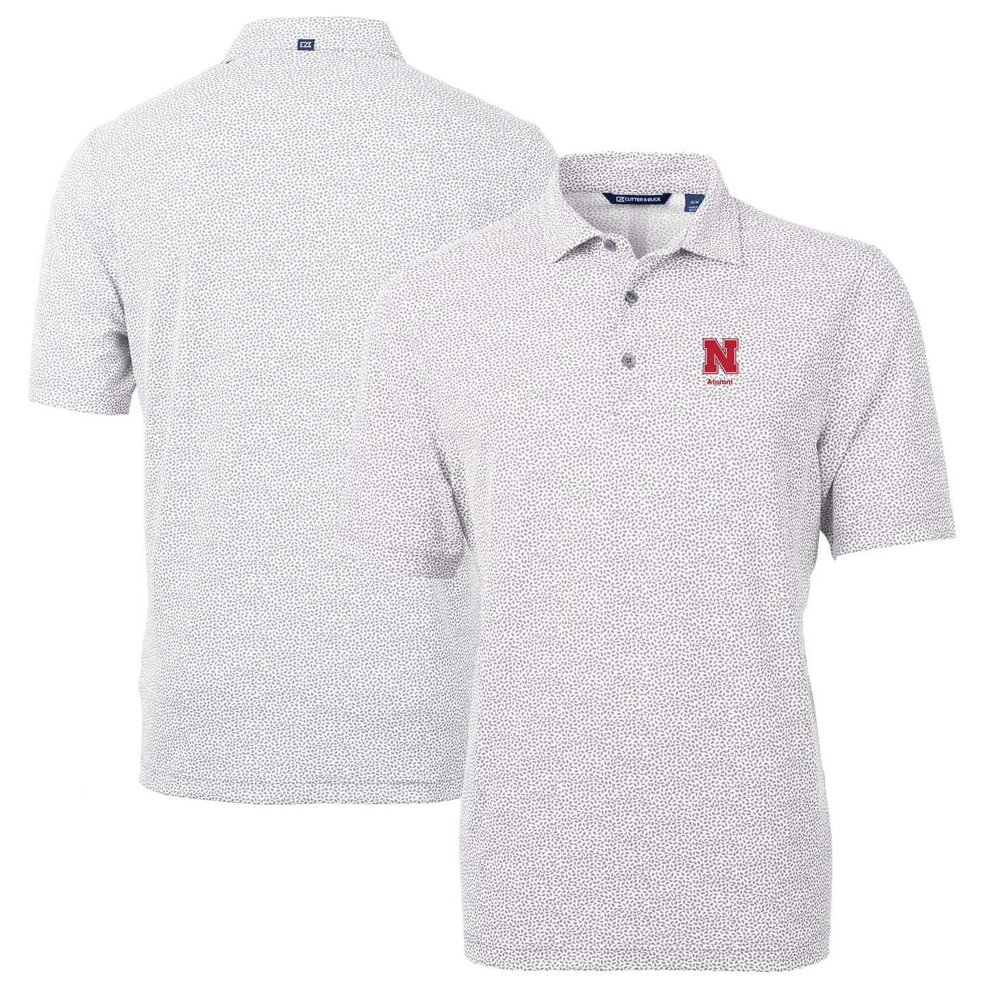 Men's Cutter & Buck Gray Nebraska Huskers Alumni Logo DryTec Virtue Eco Pique Botanical Print Recycled Polo