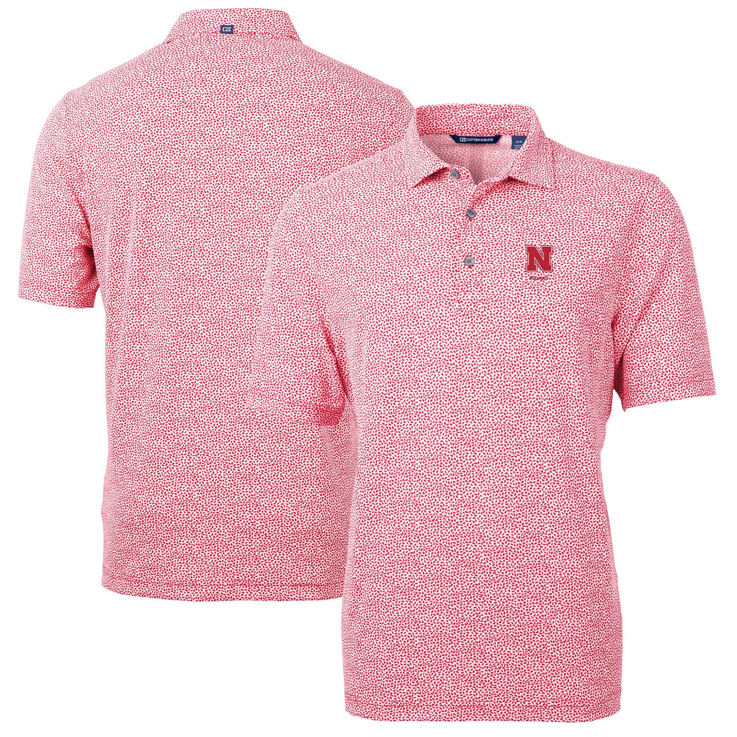 Men's Cutter & Buck Scarlet Nebraska Huskers Alumni Logo DryTec Virtue Eco Pique Botanical Print Recycled Polo