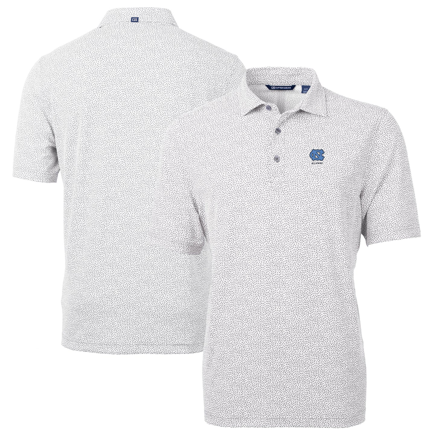 Men's Cutter & Buck Gray North Carolina Tar Heels Alumni Logo DryTec Virtue Eco Pique Botanical Print Recycled Polo