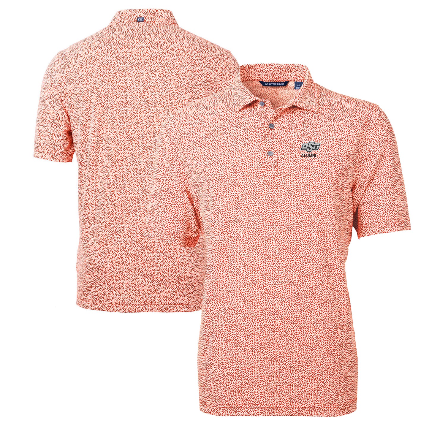Men's Cutter & Buck Orange Oklahoma State Cowboys Alumni Logo DryTec Virtue Eco Pique Botanical Print Recycled Polo