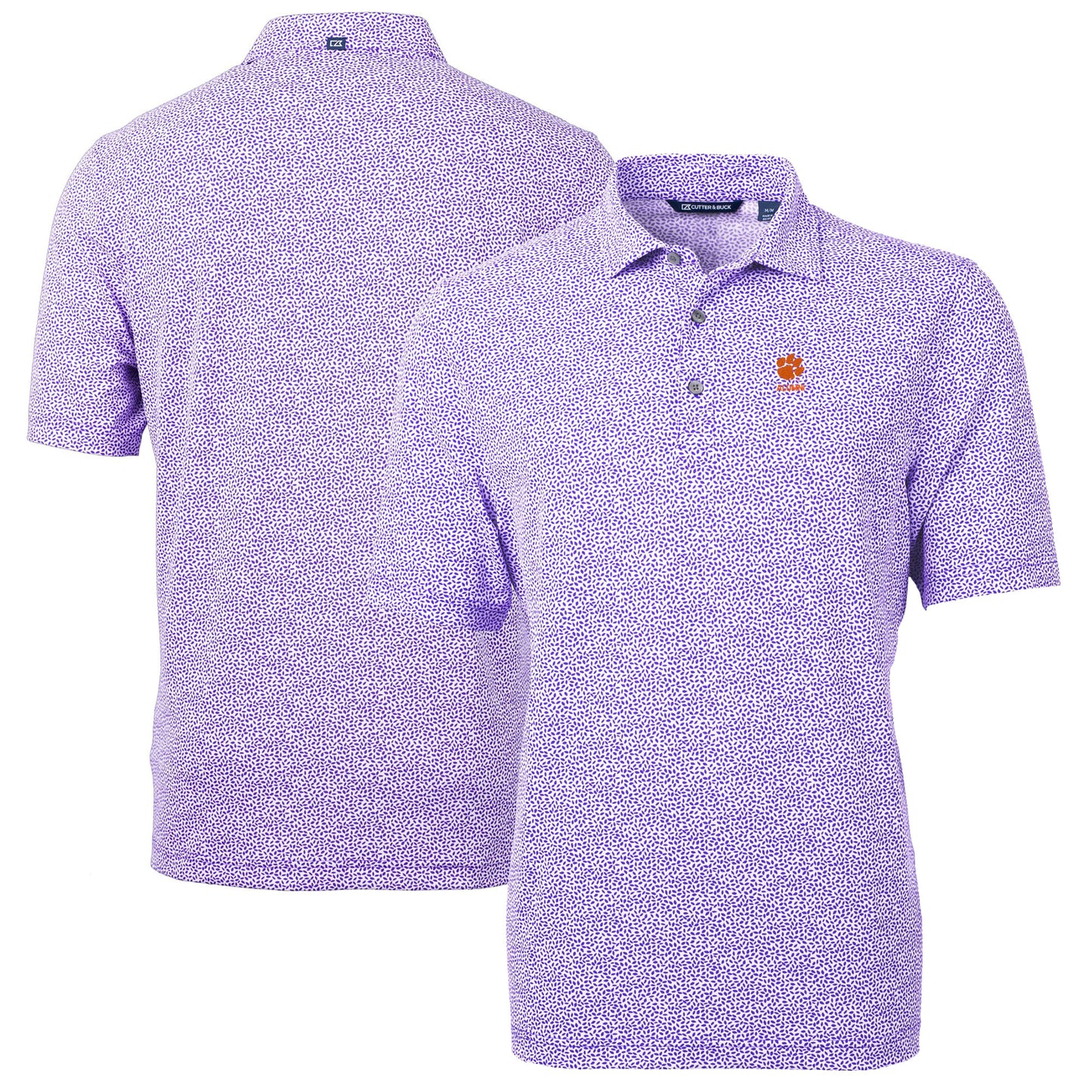 Men's Cutter & Buck Purple Clemson Tigers Alumni Logo DryTec Virtue Eco Pique Botanical Print Recycled Polo