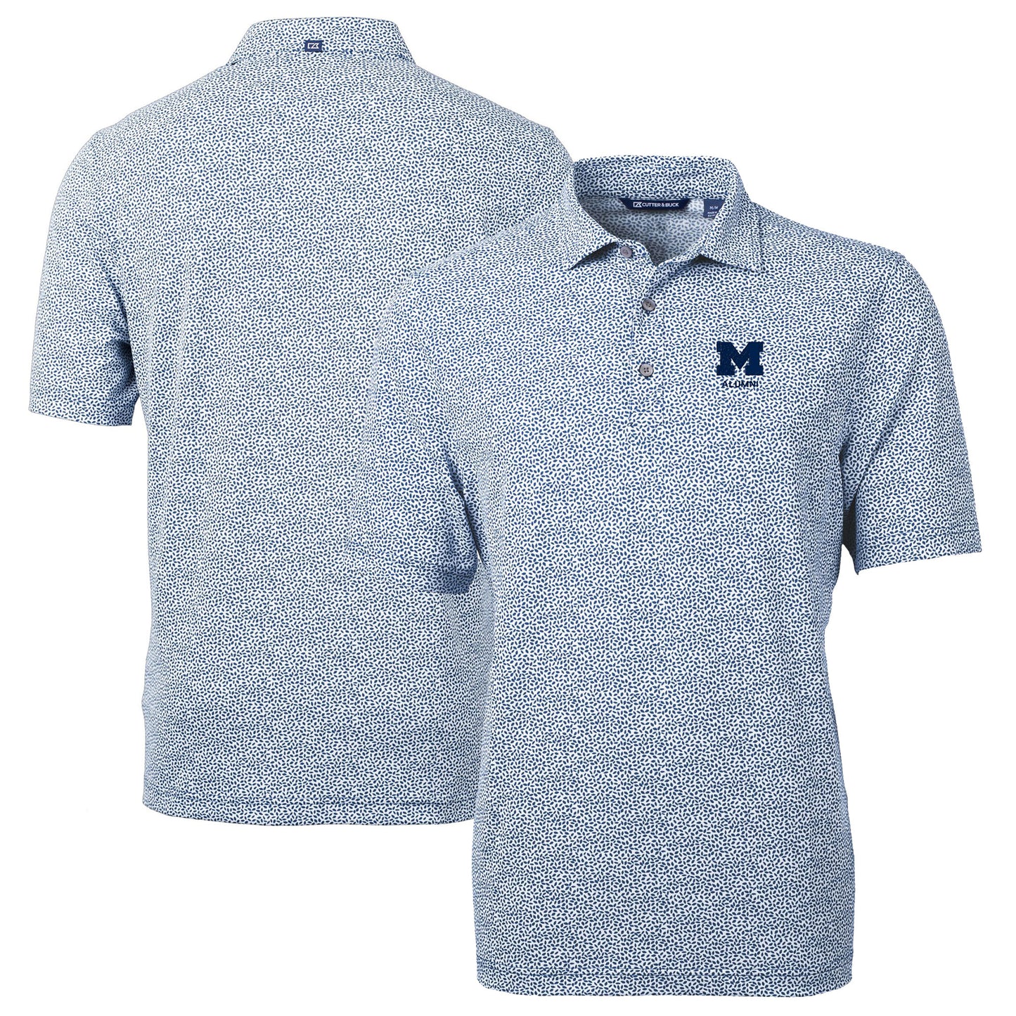 Men's Cutter & Buck Navy Michigan Wolverines Alumni Logo DryTec Virtue Eco Pique Botanical Print Recycled Polo