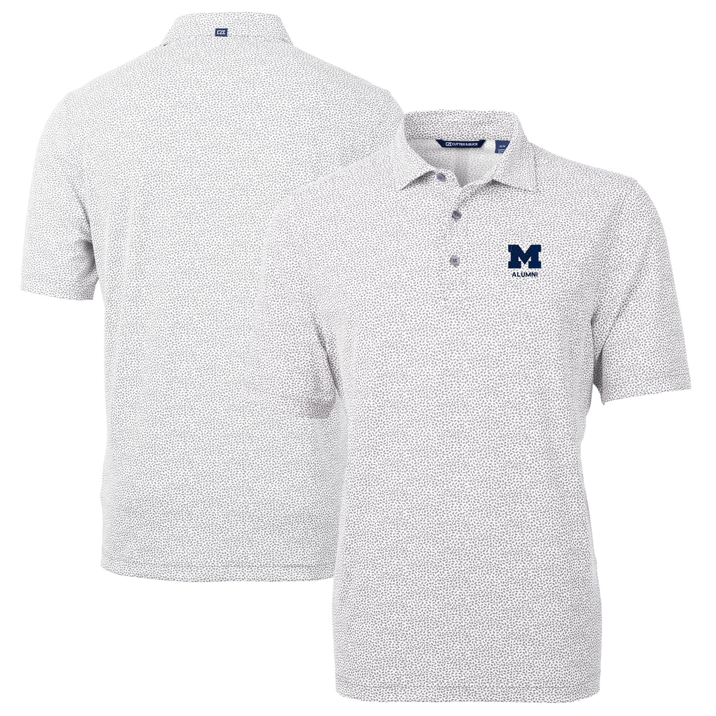 Men's Cutter & Buck Gray Michigan Wolverines Alumni Logo DryTec Virtue Eco Pique Botanical Print Recycled Polo