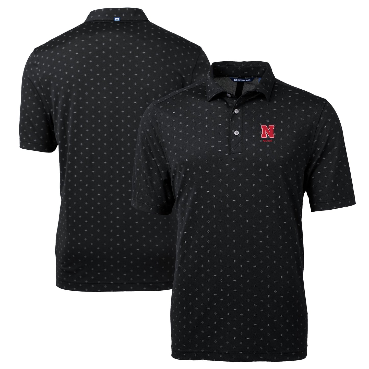 Men's Cutter & Buck Black Nebraska Huskers Alumni Logo Virtue Eco Pique Tile Print Recycled Polo