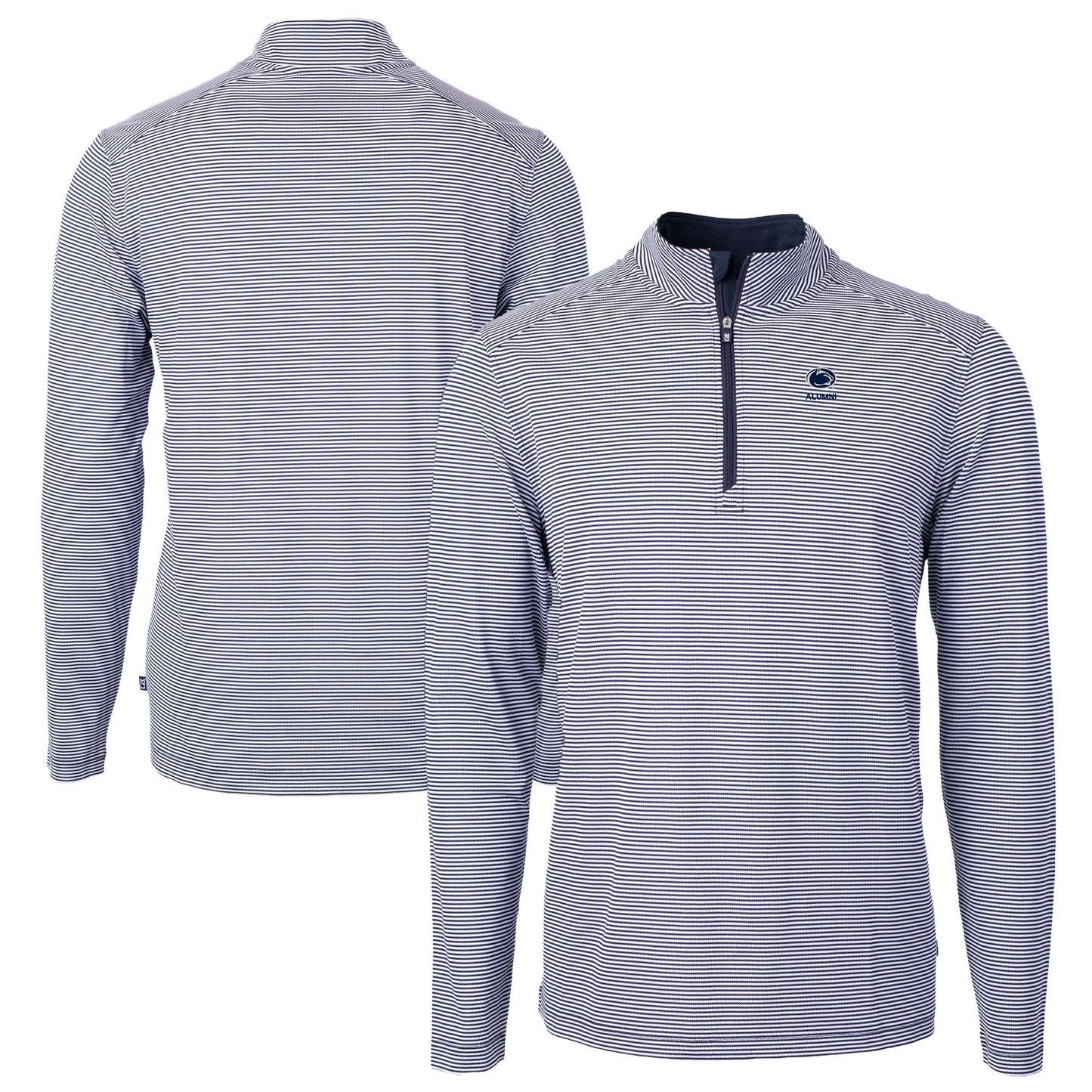 Men's Cutter & Buck Navy Penn State Nittany Lions Alumni Logo DryTec Virtue Eco Pique Micro Stripe Recycled Quarter-Zip Pullover Top
