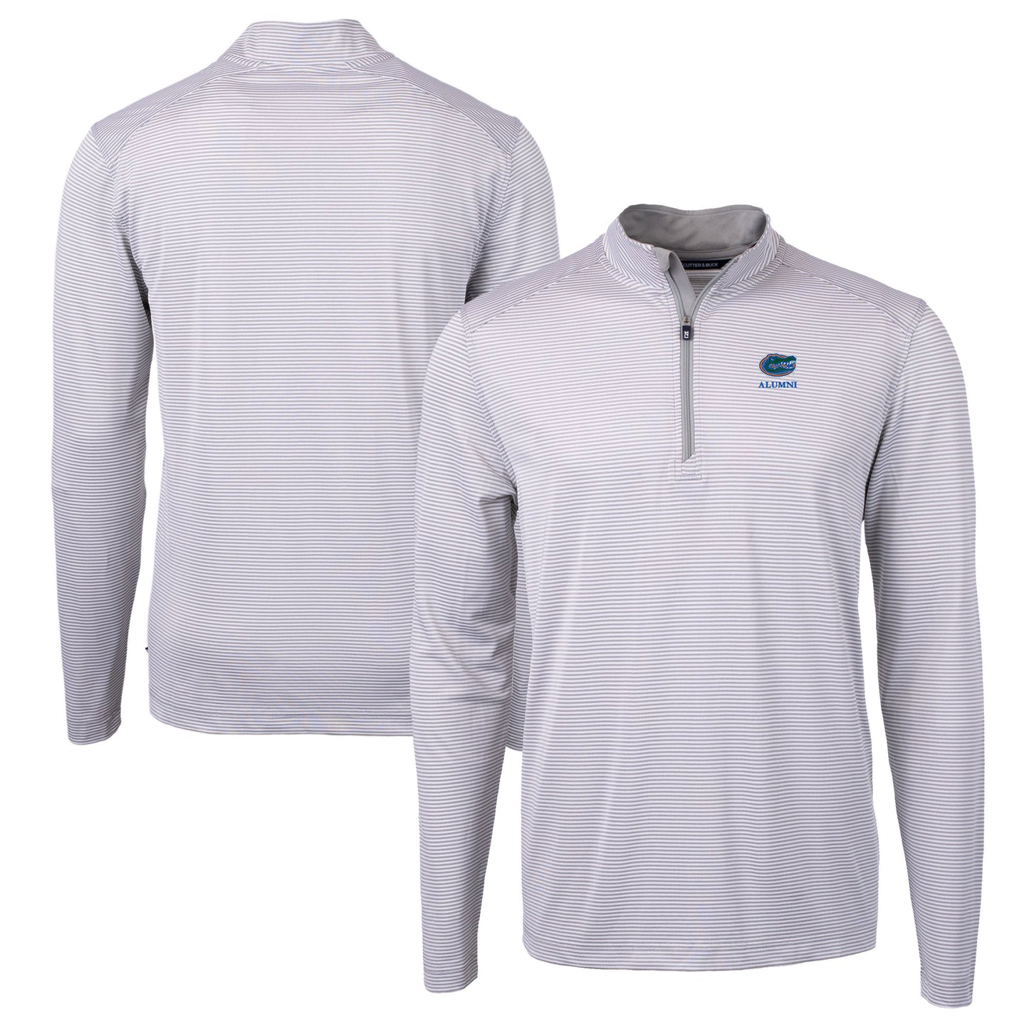 Men's Cutter & Buck Gray Florida Gators Alumni Logo DryTec Virtue Eco Pique Micro Stripe Recycled Quarter-Zip Pullover Top