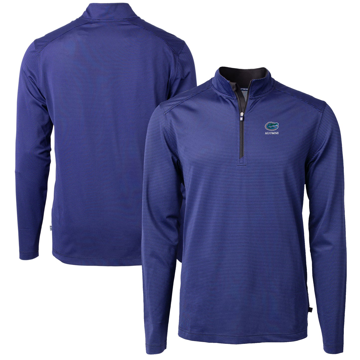 Men's Cutter & Buck Royal Florida Gators Alumni Logo DryTec Virtue Eco Pique Micro Stripe Recycled Quarter-Zip Pullover Top