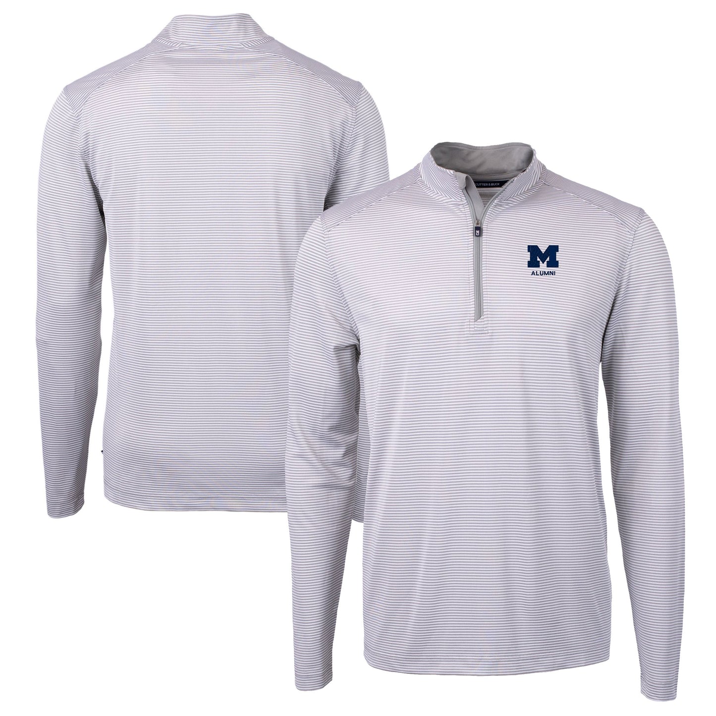 Men's Cutter & Buck Gray Michigan Wolverines Alumni Logo DryTec Virtue Eco Pique Micro Stripe Recycled Quarter-Zip Pullover Top