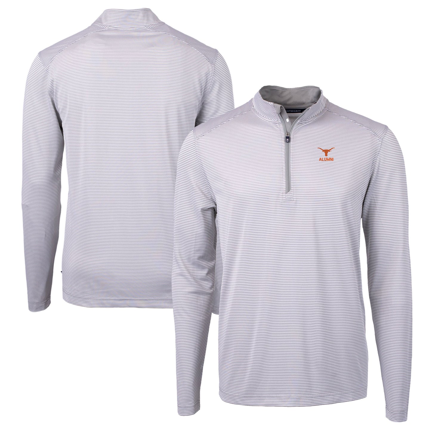 Men's Cutter & Buck Gray Texas Longhorns Alumni Logo DryTec Virtue Eco Pique Micro Stripe Recycled Quarter-Zip Pullover Top