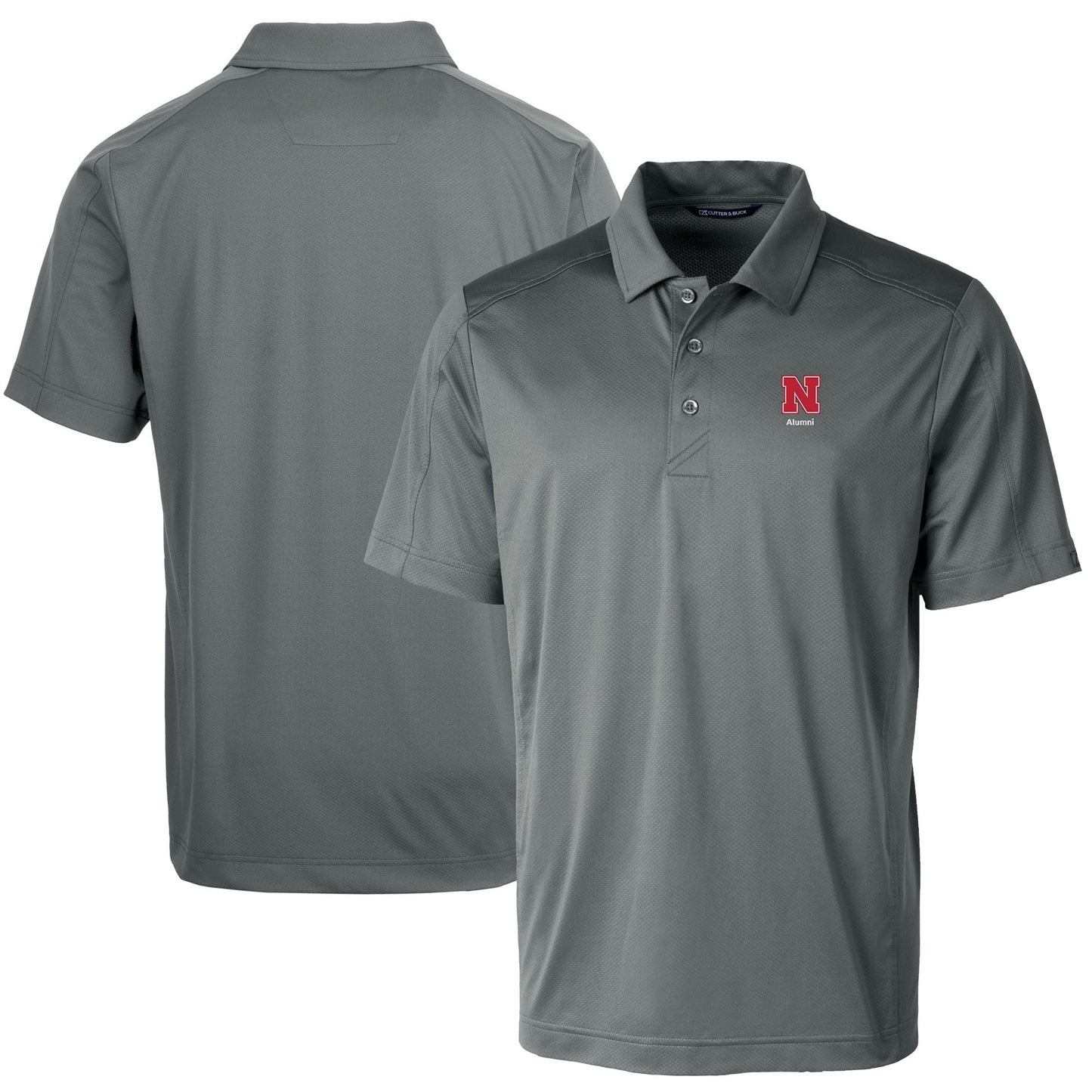 Men's Cutter & Buck Gray Nebraska Huskers Alumni Logo Prospect Textured Stretch Polo