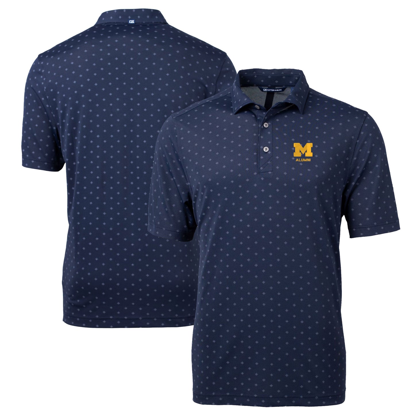 Men's Cutter & Buck Navy Michigan Wolverines Alumni Logo Virtue Eco Pique Tile Print Recycled Polo