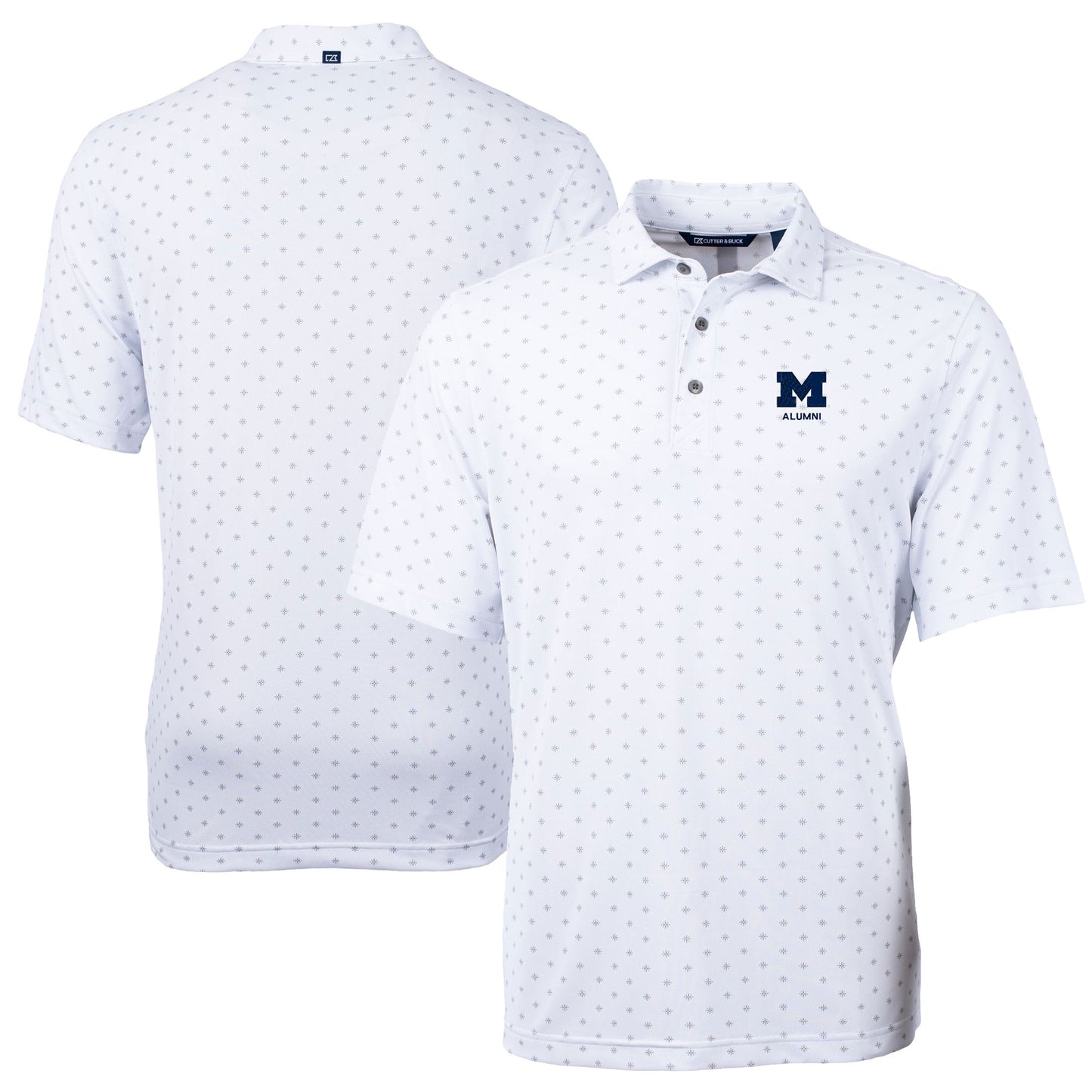 Men's Cutter & Buck White Michigan Wolverines Alumni Logo Virtue Eco Pique Tile Print Recycled Polo