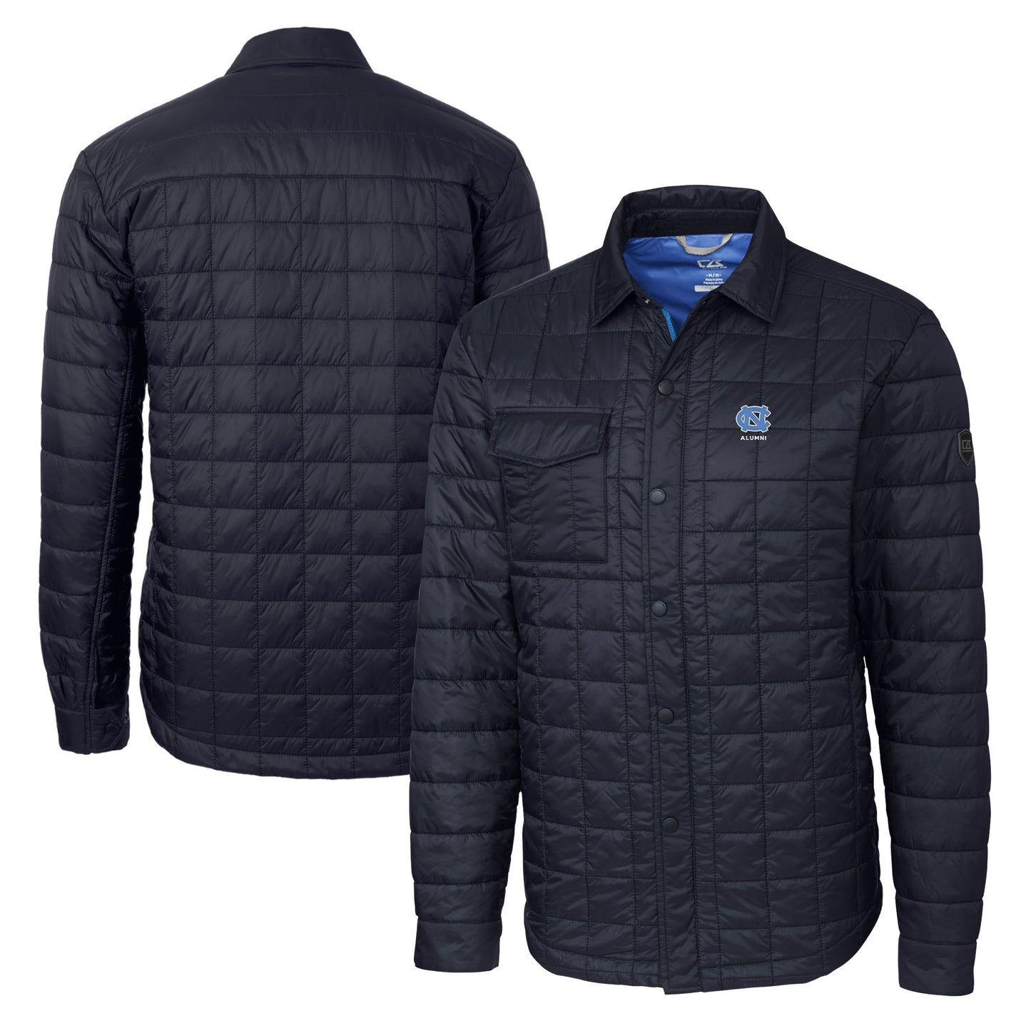 Men's Cutter & Buck Navy North Carolina Tar Heels Alumni Logo Rainier PrimaLoft Eco Insulated Quilted Button-Up Shacket