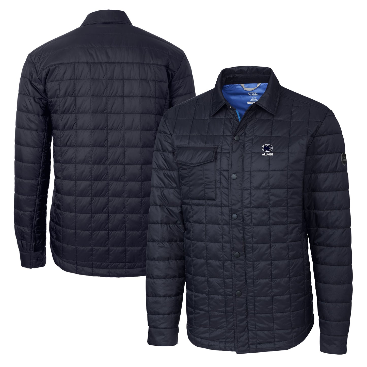 Men's Cutter & Buck Navy Penn State Nittany Lions Alumni Logo Rainier PrimaLoft Eco Insulated Quilted Button-Up Shacket