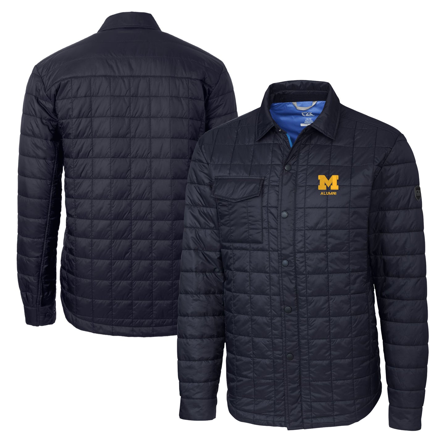 Men's Cutter & Buck Navy Michigan Wolverines Alumni Logo Rainier PrimaLoft Eco Insulated Quilted Button-Up Shacket