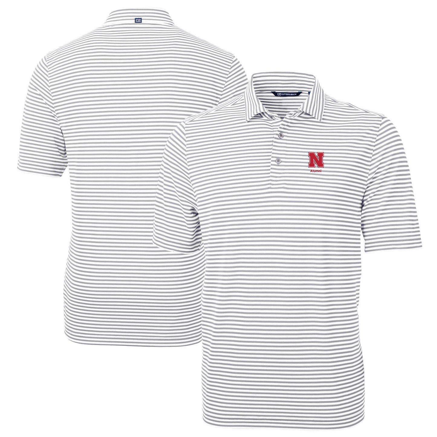 Men's Cutter & Buck Gray Nebraska Huskers Alumni Logo Virtue Eco Pique Stripe Recycled Polo