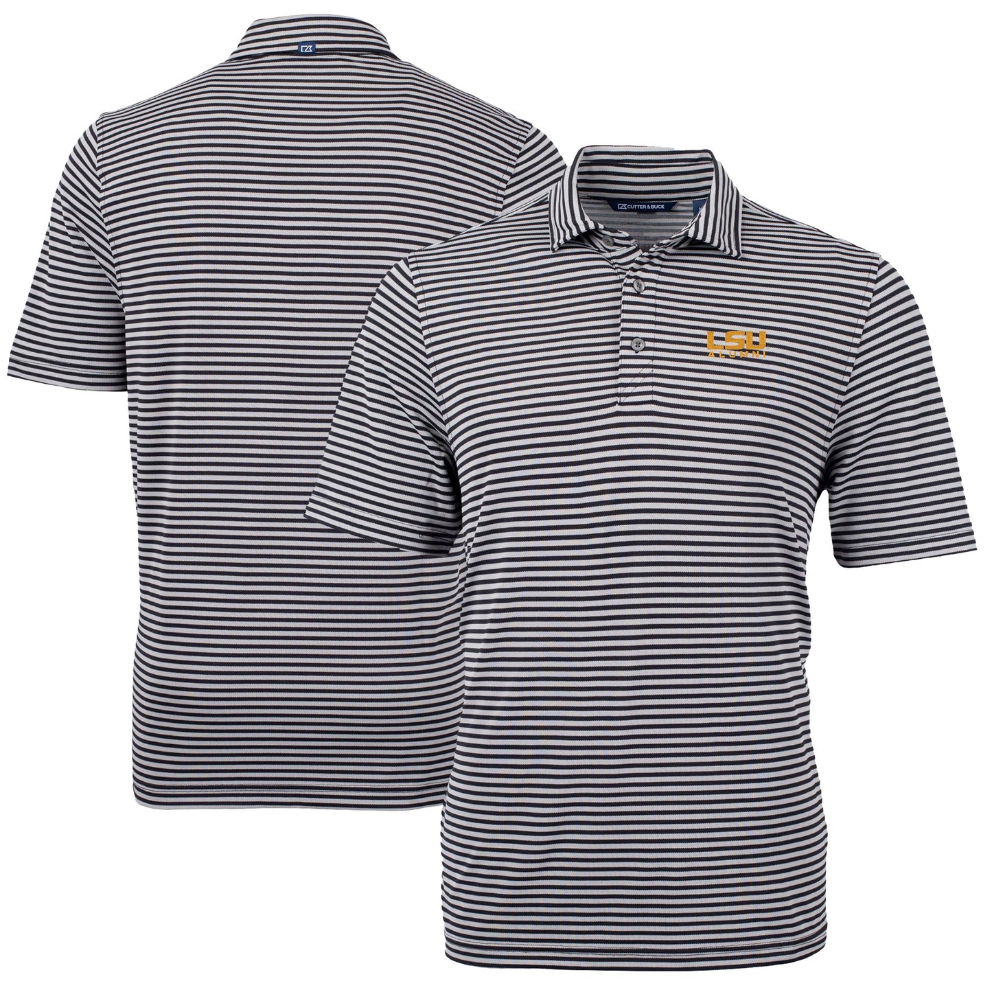 Men's Cutter & Buck Black LSU Tigers Alumni Logo Virtue Eco Pique Stripe Recycled Polo