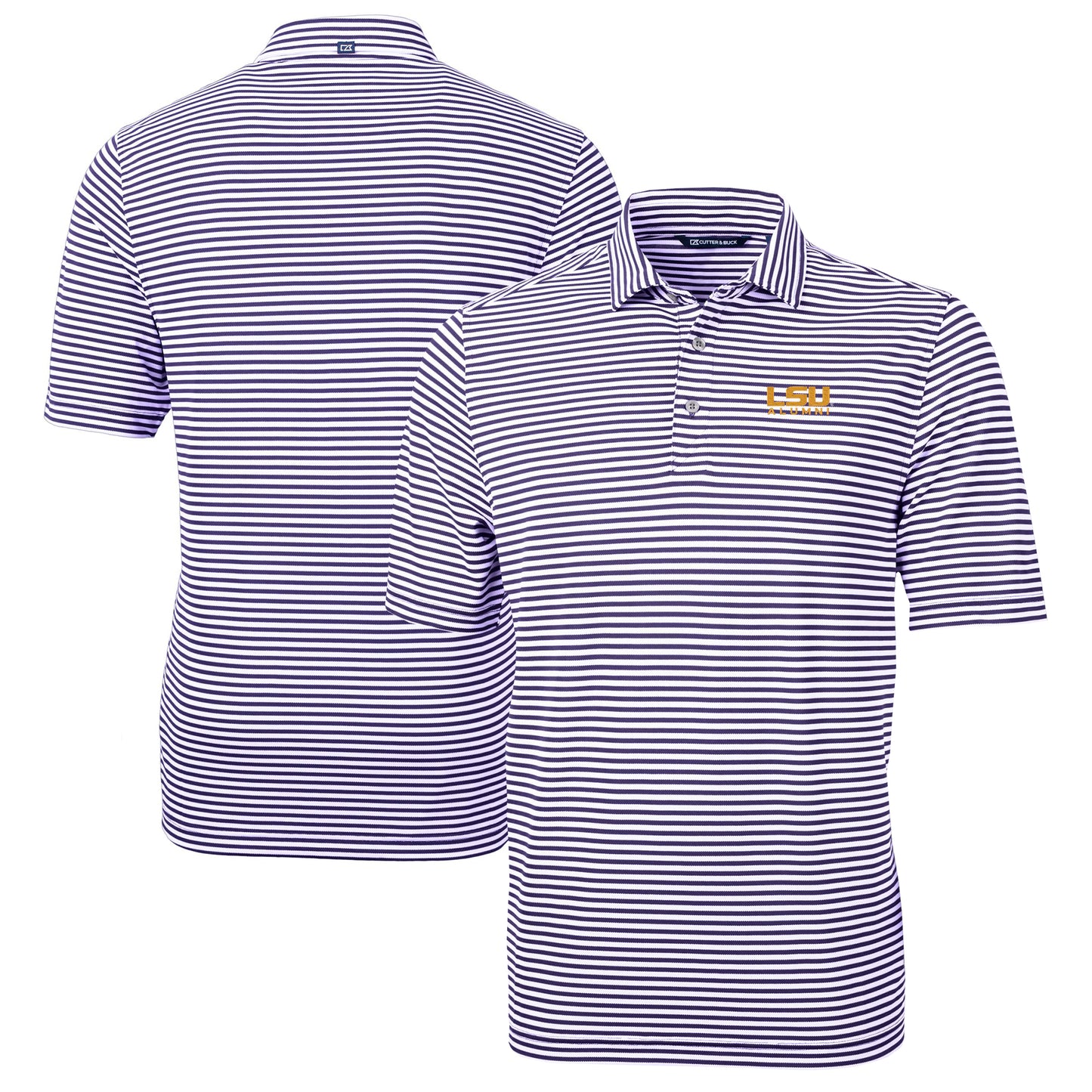 Men's Cutter & Buck Purple LSU Tigers Alumni Logo Virtue Eco Pique Stripe Recycled Polo