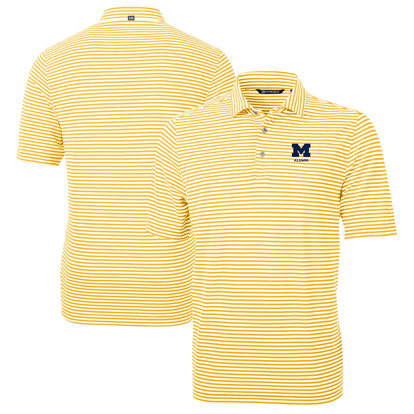 Men's Cutter & Buck Maize Michigan Wolverines Alumni Logo Virtue Eco Pique Stripe Recycled Polo