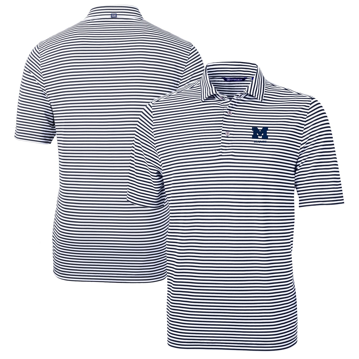 Men's Cutter & Buck Navy Michigan Wolverines Alumni Logo Virtue Eco Pique Stripe Recycled Polo
