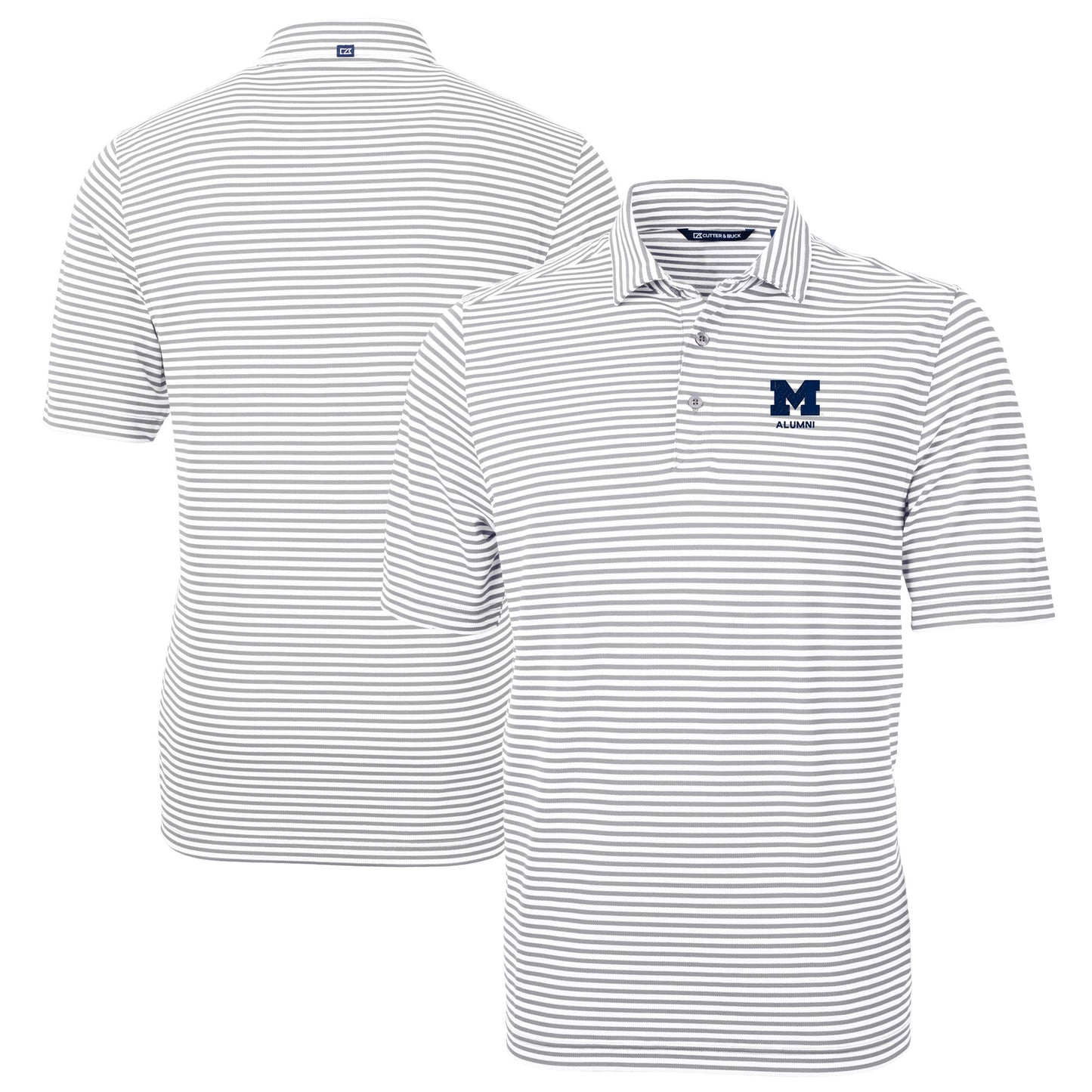 Men's Cutter & Buck Gray Michigan Wolverines Alumni Logo Virtue Eco Pique Stripe Recycled Polo