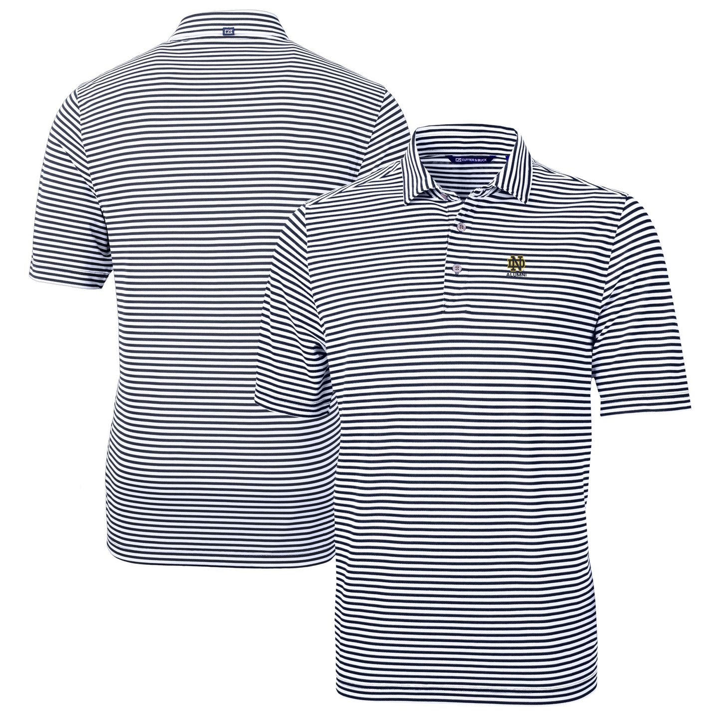 Men's Cutter & Buck Navy Notre Dame Fighting Irish Alumni Logo Virtue Eco Pique Stripe Recycled Polo