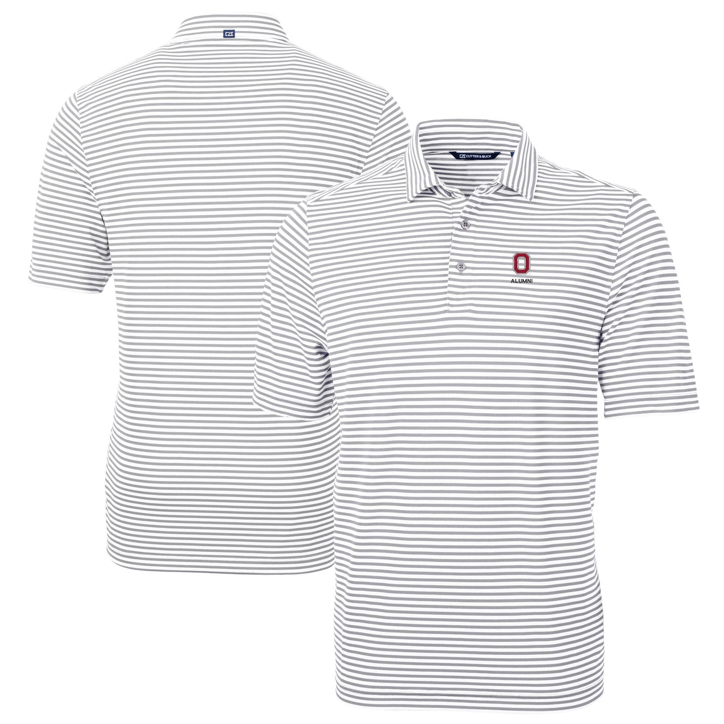 Men's Cutter & Buck Gray Ohio State Buckeyes Alumni Logo Virtue Eco Pique Stripe Recycled Polo