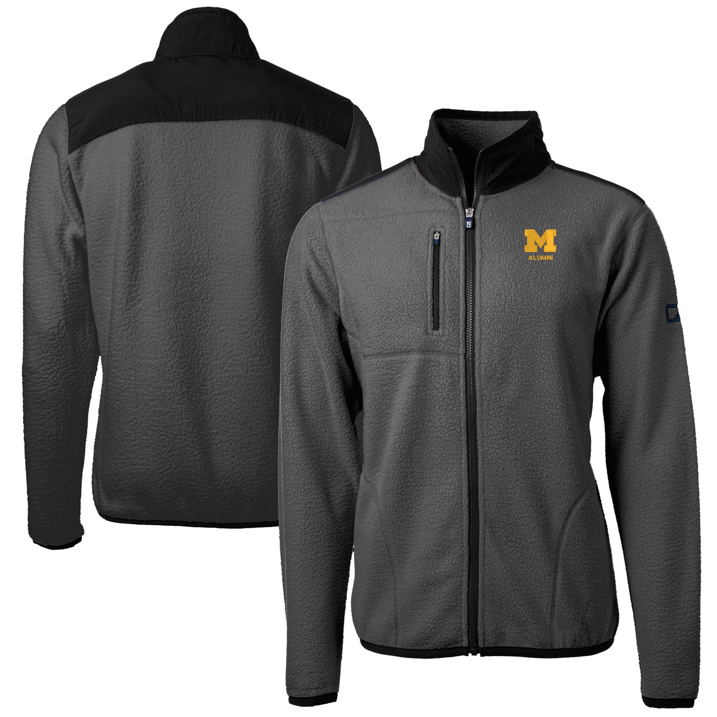 Men's Cutter & Buck Gray Michigan Wolverines Alumni Logo Cascade Eco Sherpa Fleece Full-Zip Jacket