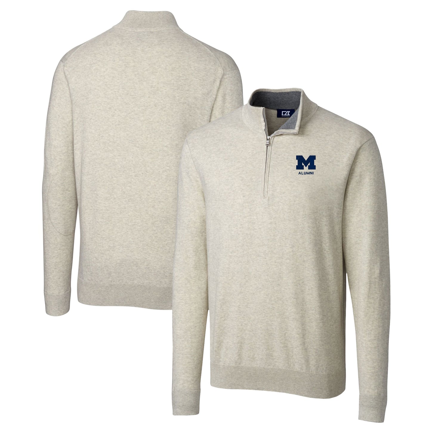 Men's Cutter & Buck Oatmeal Michigan Wolverines Alumni Logo Lakemont Tri-Blend Quarter-Zip Pullover Sweater