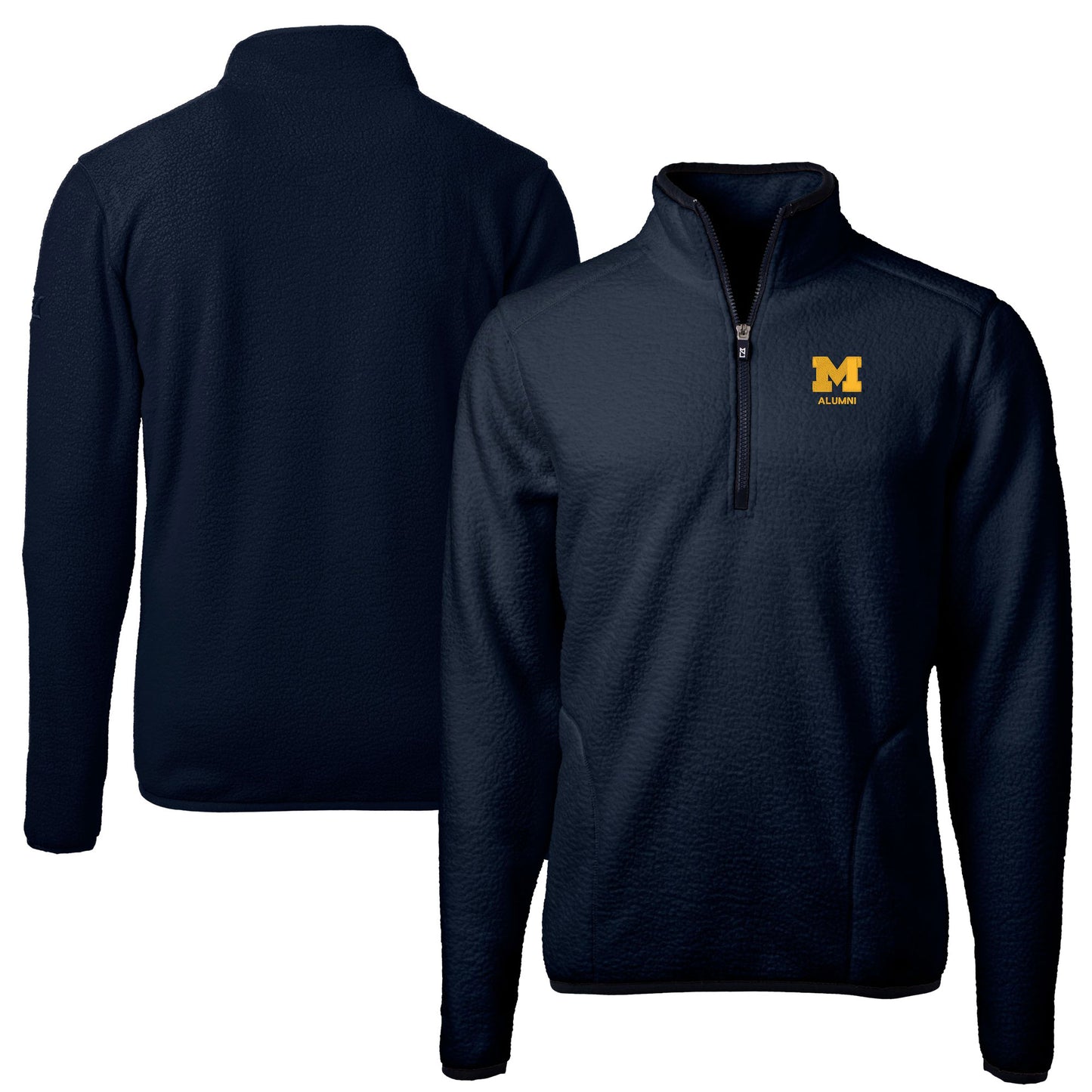 Men's Cutter & Buck Navy Michigan Wolverines Alumni Logo Cascade Eco Sherpa Fleece Quarter-Zip Pullover Jacket