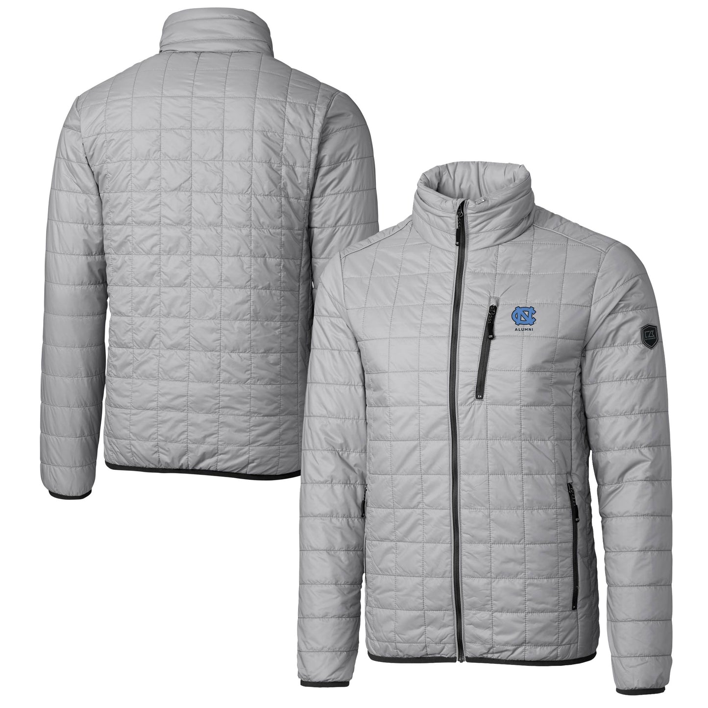 Men's Cutter & Buck Gray North Carolina Tar Heels Alumni Logo Rainier PrimaLoft Eco Insulated Full-Zip Puffer Vest
