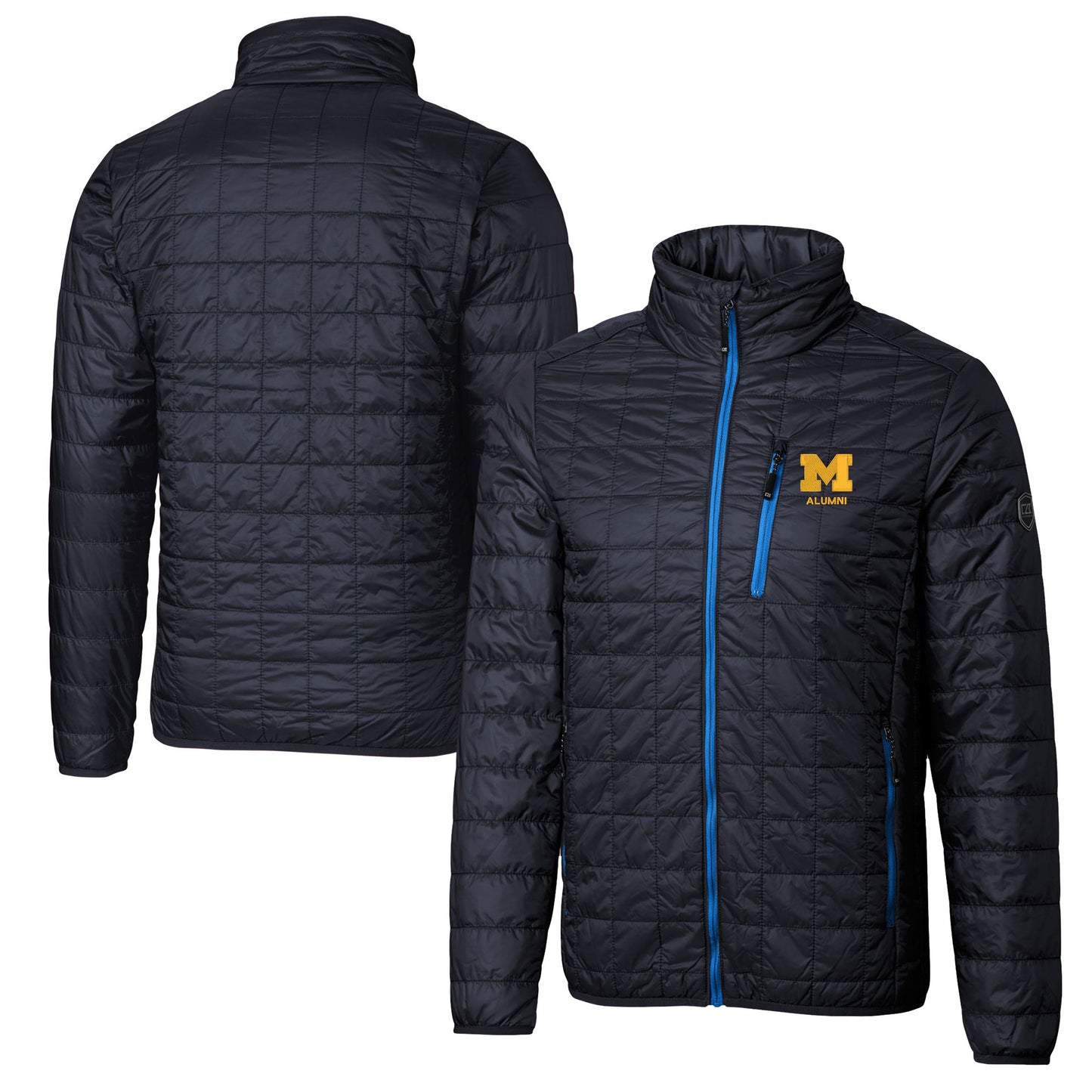 Men's Cutter & Buck Navy Michigan Wolverines Alumni Logo Rainier PrimaLoft Eco Insulated Full-Zip Puffer Vest