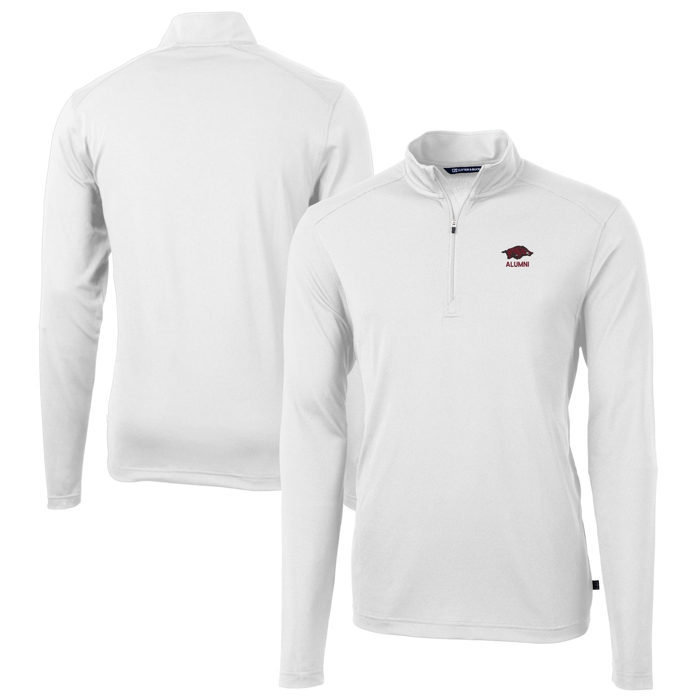 Men's Cutter & Buck White Arkansas Razorbacks Alumni Logo Virtue Eco Pique Recycled Quarter-Zip Pullover Top
