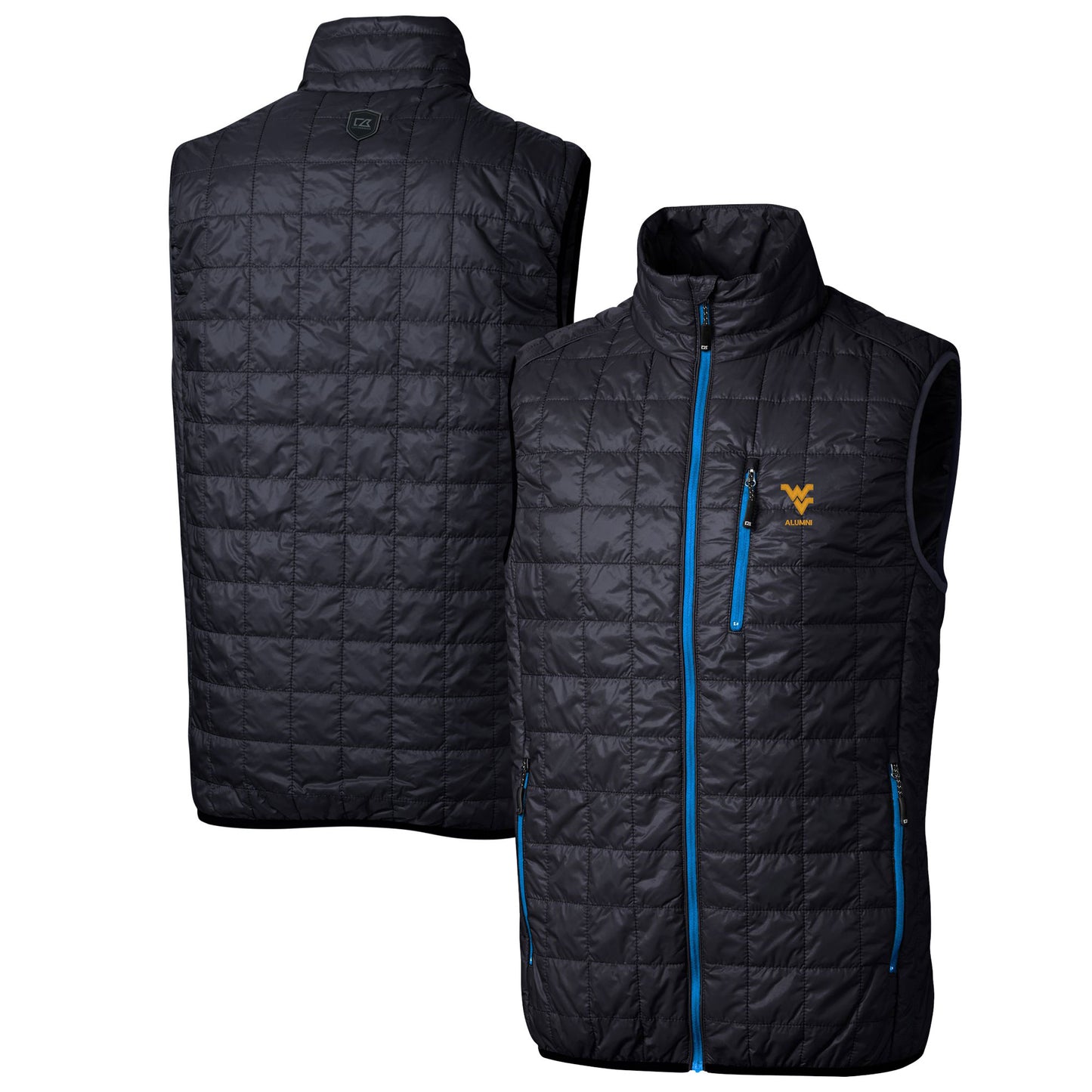 Men's Cutter & Buck Navy West Virginia Mountaineers Alumni Logo Rainier PrimaLoft Eco Insulated Full-Zip Puffer Vest