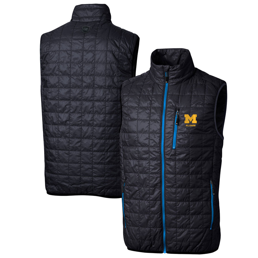Men's Cutter & Buck Navy Michigan Wolverines Alumni Logo Rainier PrimaLoft Eco Insulated Full-Zip Puffer Vest
