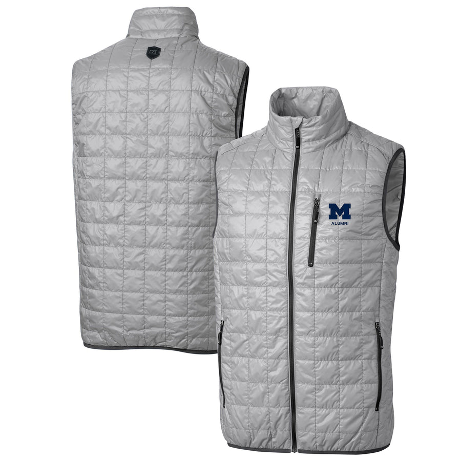 Men's Cutter & Buck Gray Michigan Wolverines Alumni Logo Rainier PrimaLoft Eco Insulated Full-Zip Puffer Vest