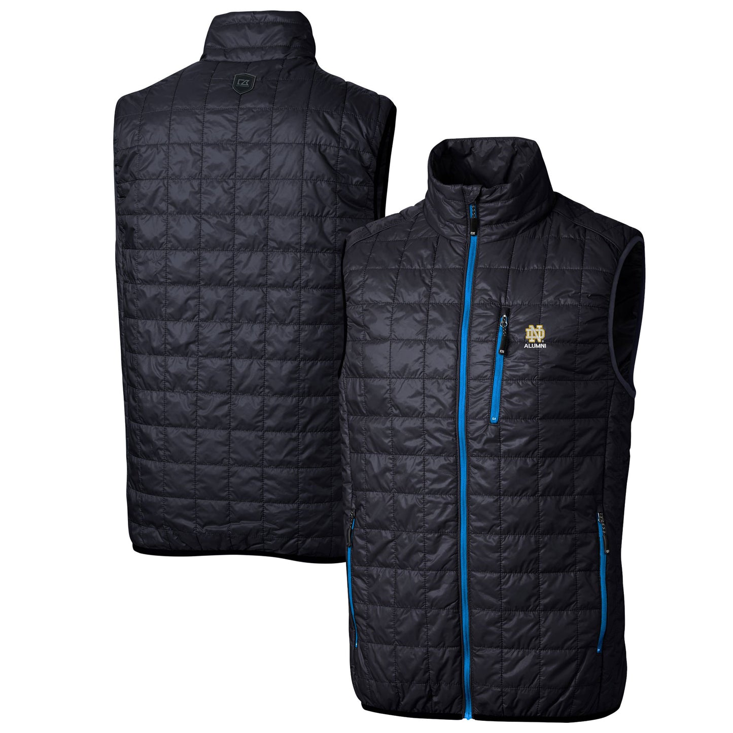 Men's Cutter & Buck Navy Notre Dame Fighting Irish Alumni Logo Rainier PrimaLoft Eco Insulated Full-Zip Puffer Vest