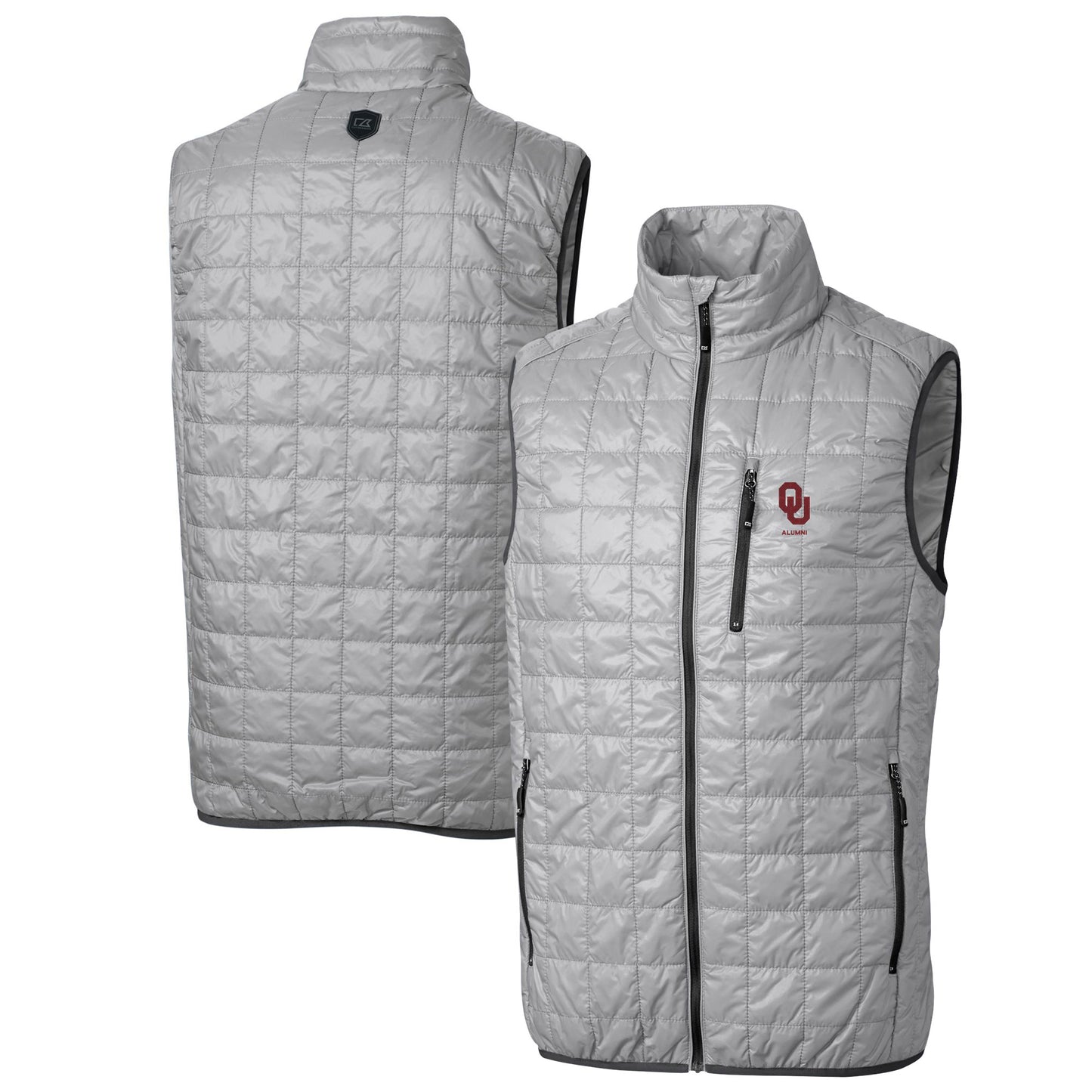 Men's Cutter & Buck Gray Oklahoma Sooners Alumni Logo Rainier PrimaLoft Eco Insulated Full-Zip Puffer Vest