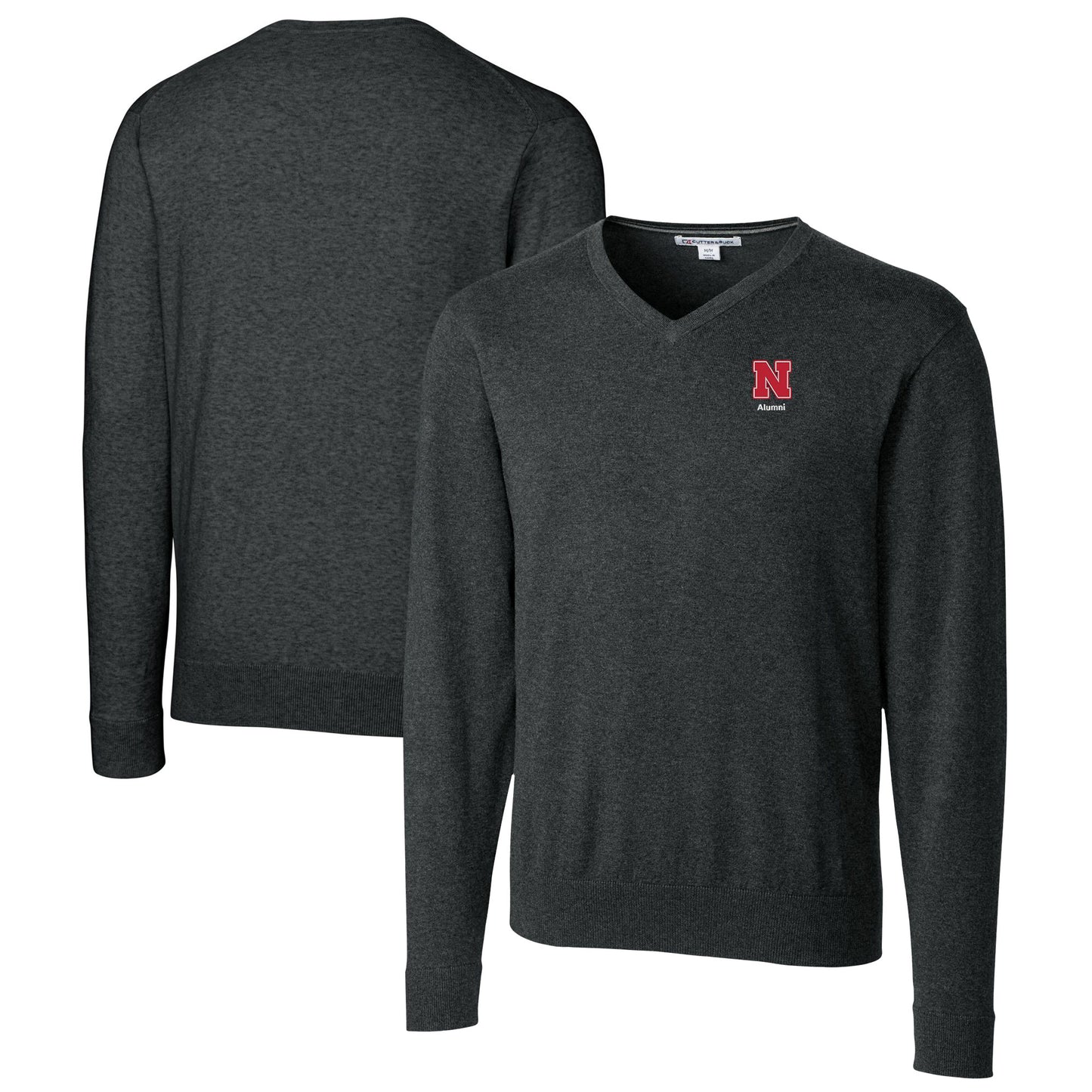 Men's Cutter & Buck Heather Charcoal Nebraska Huskers Alumni Logo Lakemont Tri-Blend V-Neck Pullover Sweater