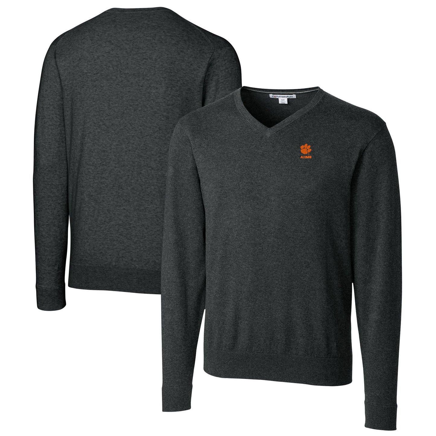 Men's Cutter & Buck Heather Charcoal Clemson Tigers Alumni Logo Lakemont Tri-Blend V-Neck Pullover Sweater
