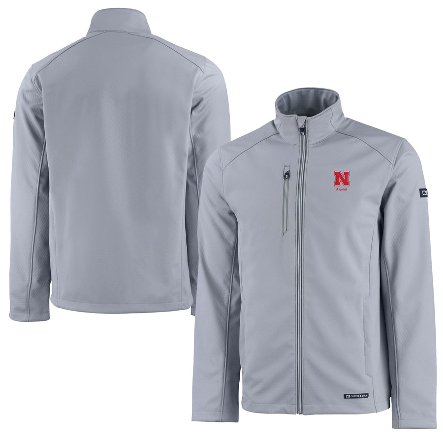 Men's Cutter & Buck Gray Nebraska Huskers Alumni Logo Evoke Eco Softshell Recycled Full-Zip Jacket