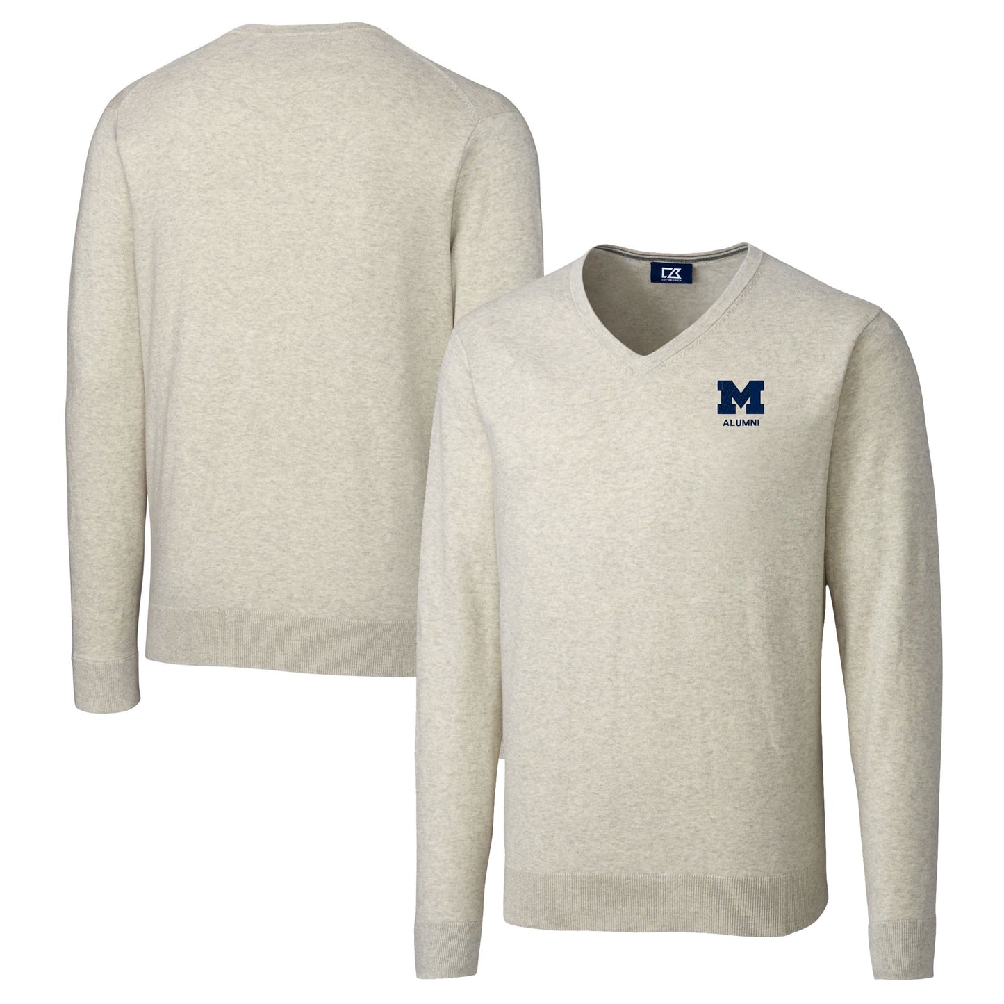 Men's Cutter & Buck Oatmeal Michigan Wolverines Alumni Logo Lakemont Tri-Blend V-Neck Pullover Sweater