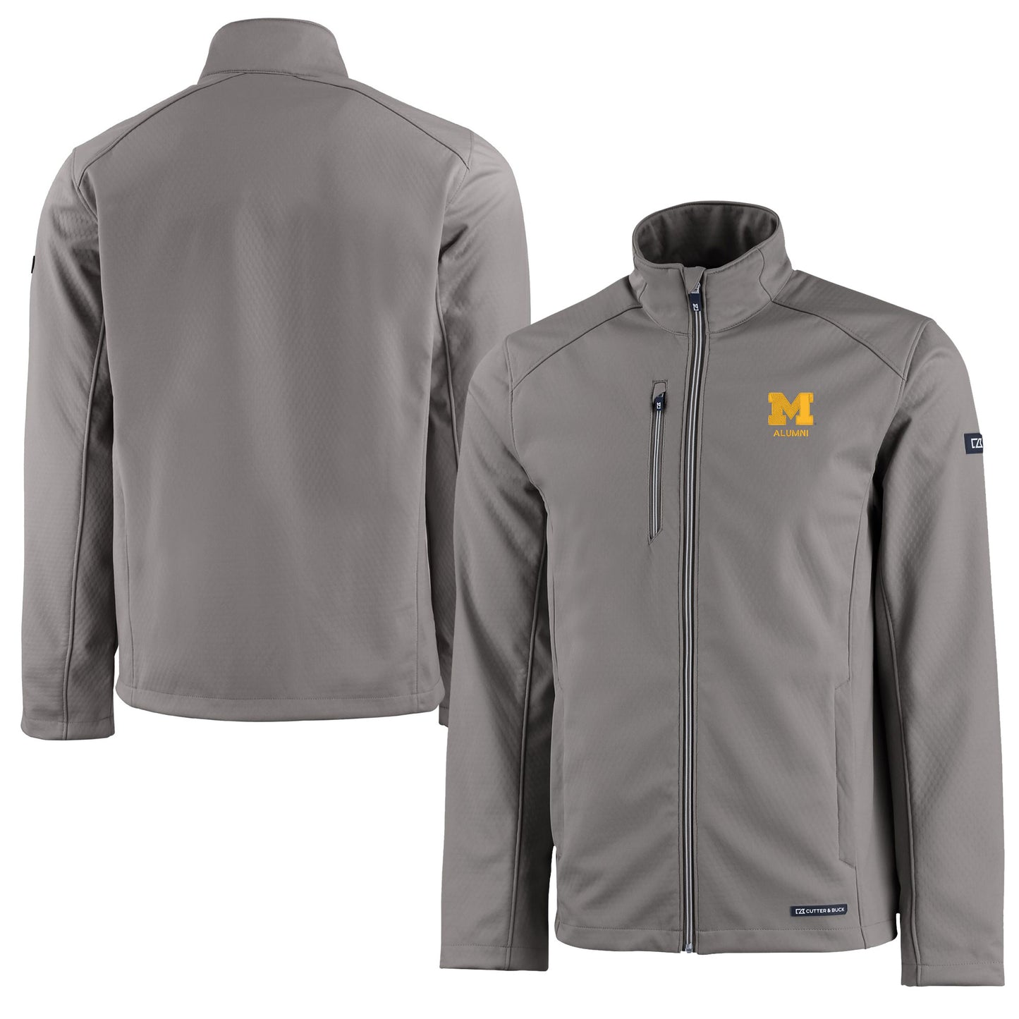 Men's Cutter & Buck Gray Michigan Wolverines Alumni Logo Evoke Eco Softshell Recycled Full-Zip Jacket