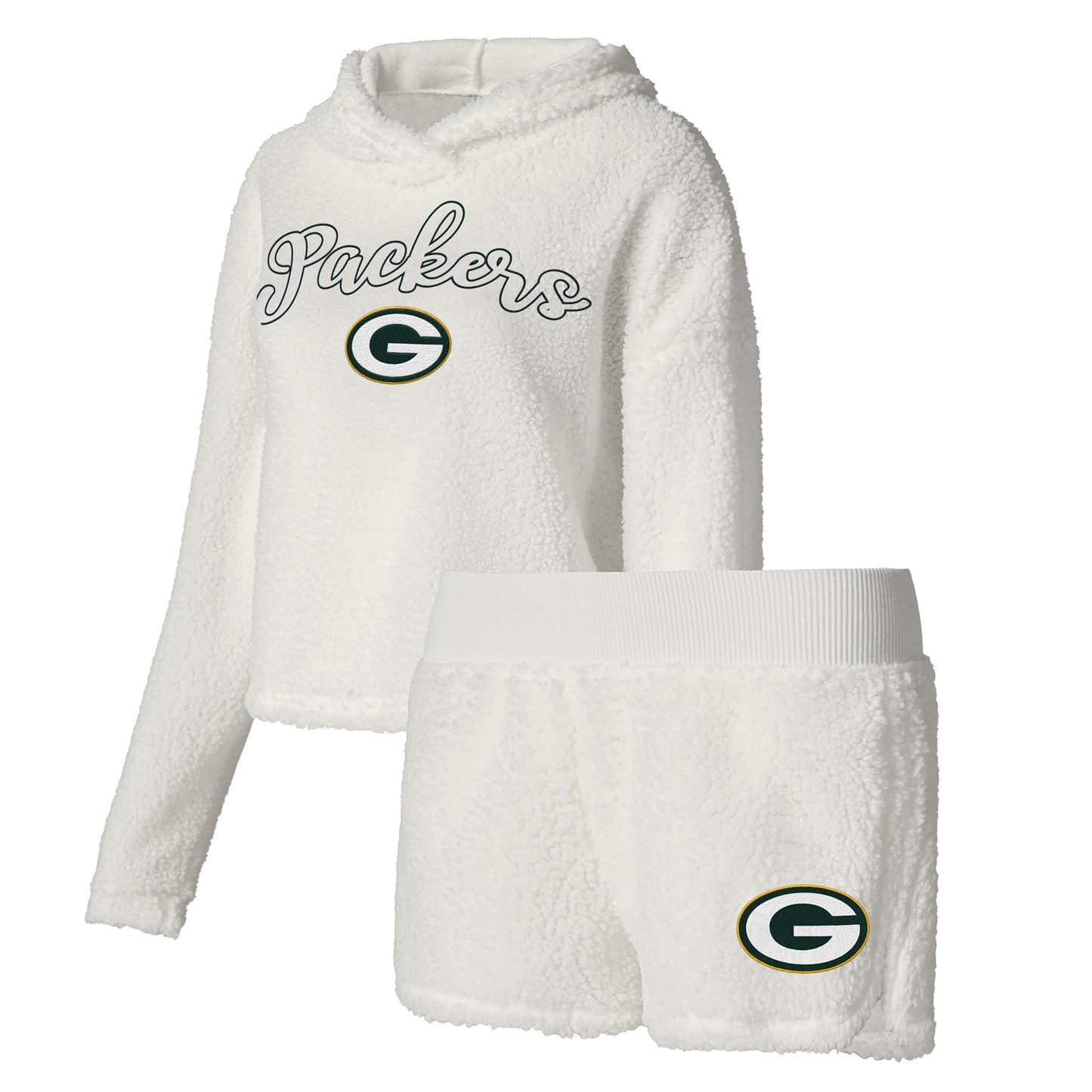 Women's Concepts Sport White Green Bay Packers Fluffy Pullover Sweatshirt & Shorts Sleep Set