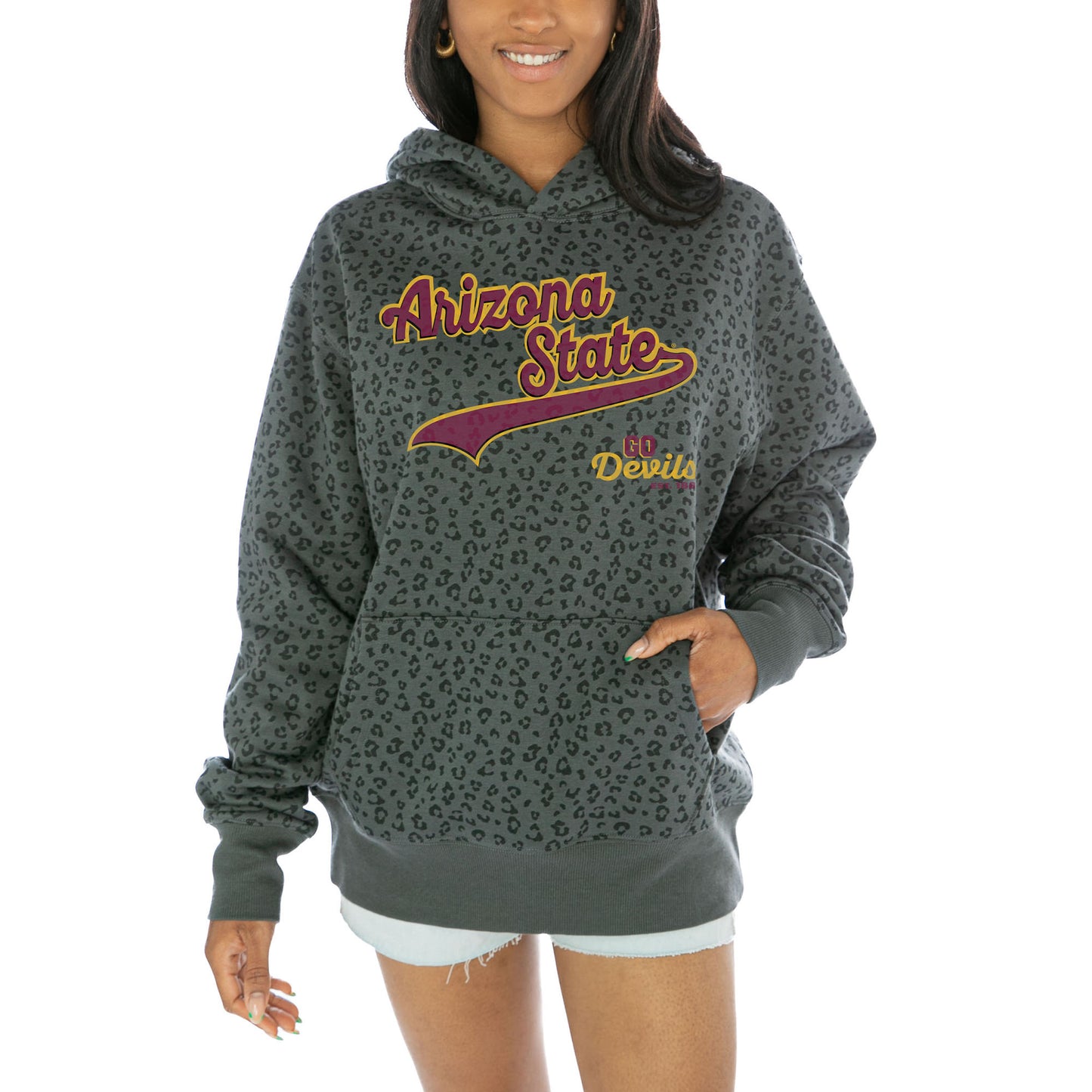 Women's Gameday Couture Black Arizona State Sun Devils Fierce Force Leopard Print Pullover Hoodie