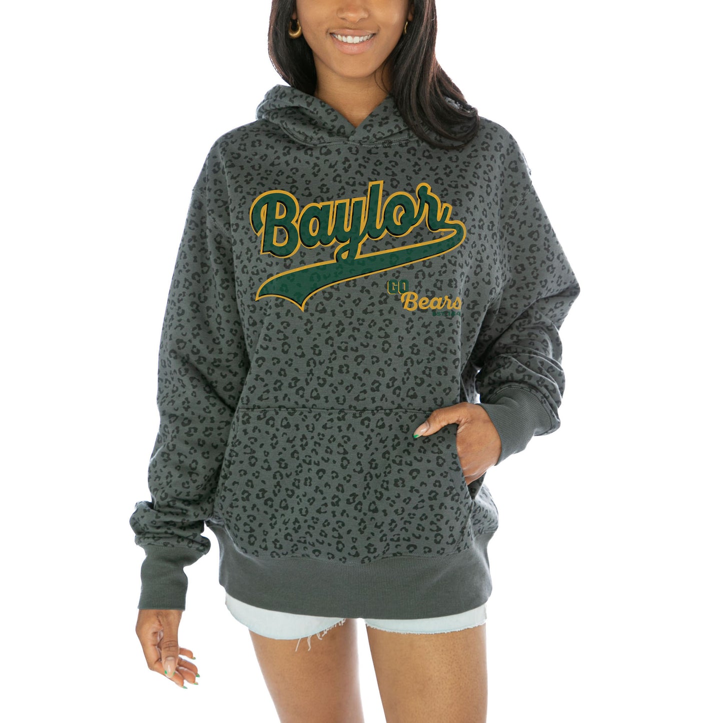 Women's Gameday Couture Black Baylor Bears Fierce Force Leopard Print Pullover Hoodie